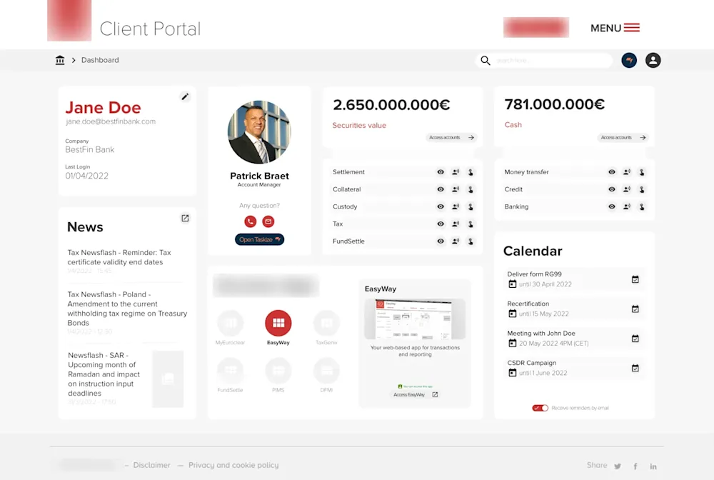 Painel do portal de clientes, com saldos, gestor de conta e calendário.