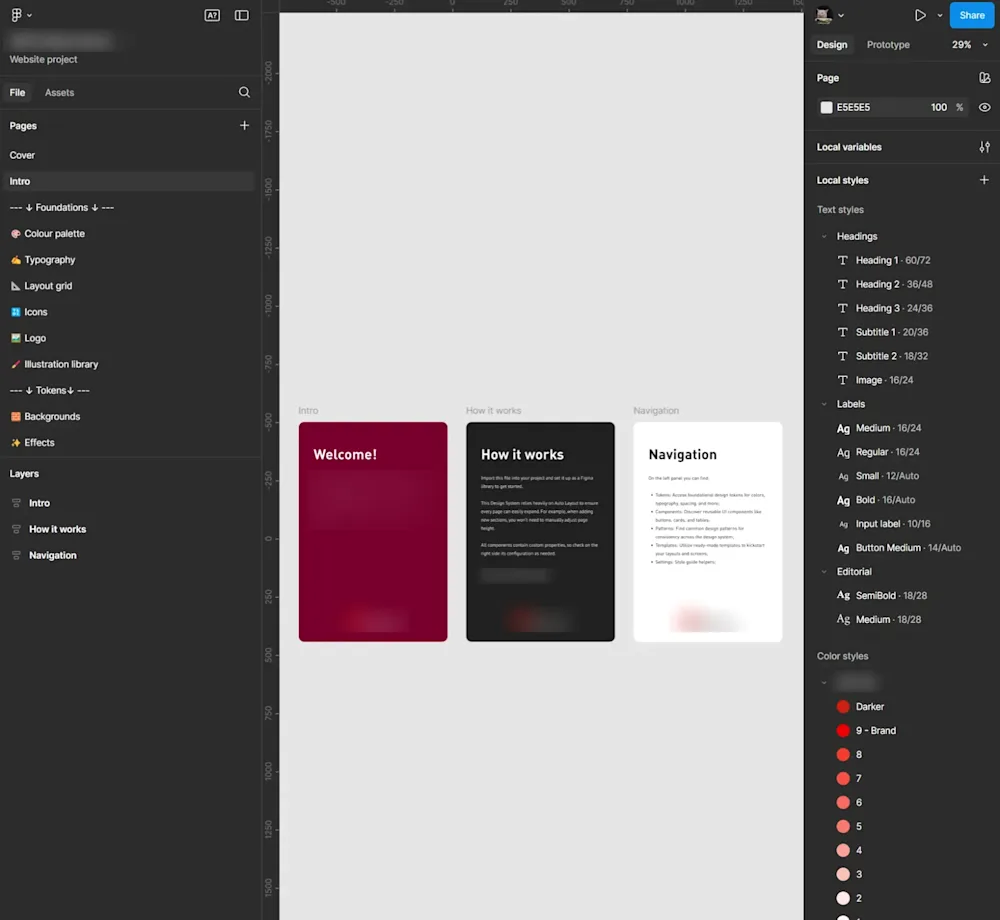 Ficheiro do design system no Figma, com páginas, estilos de texto e cores.