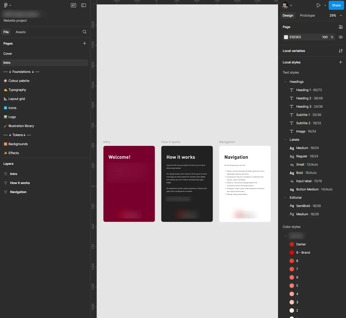 Ficheiro do design system no Figma, com páginas, estilos de texto e cores.