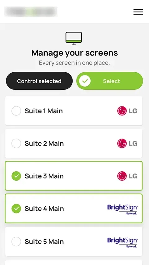 Versão móvel da app, com a lista de ecrãs para selecionar.