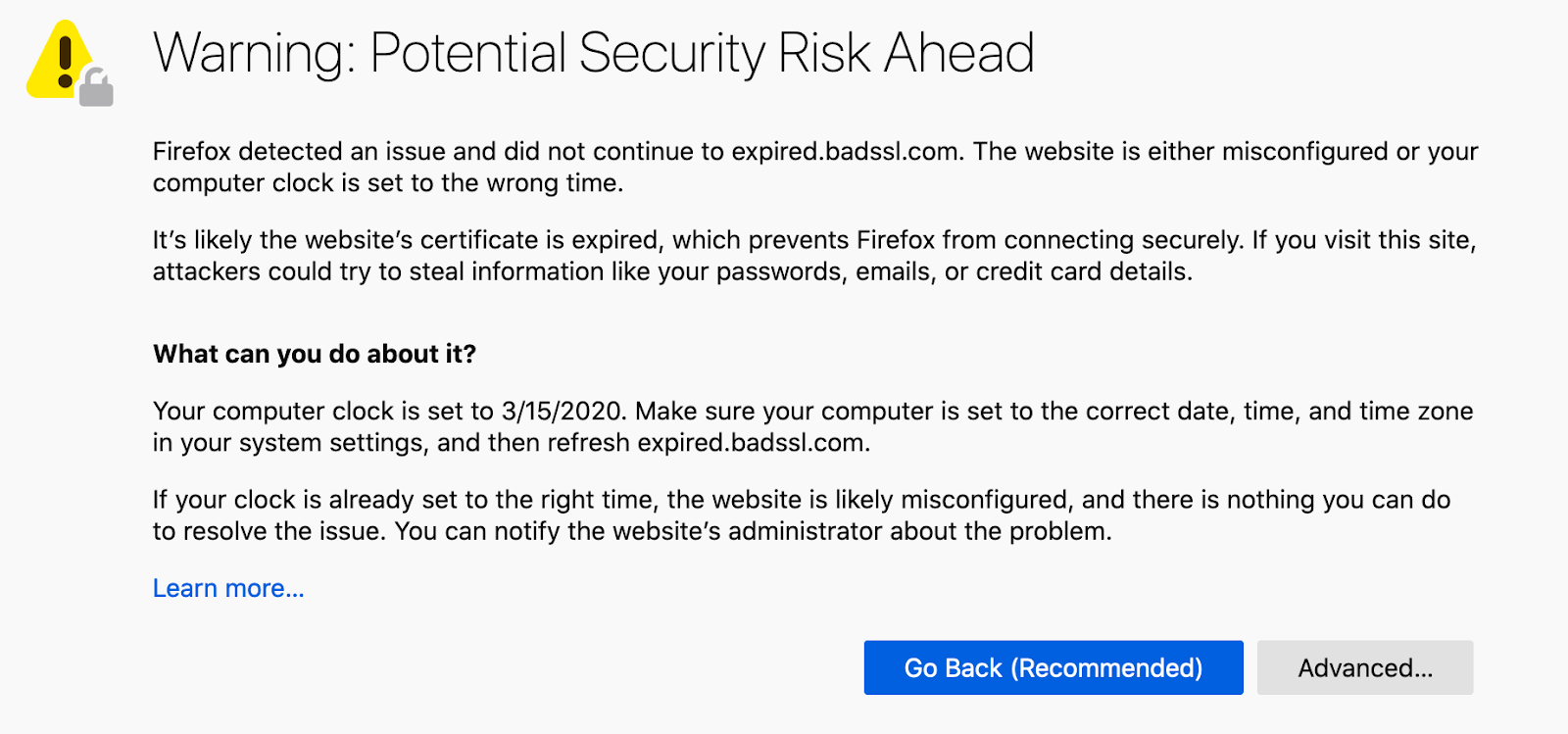 Certification expiration warning in Firefox