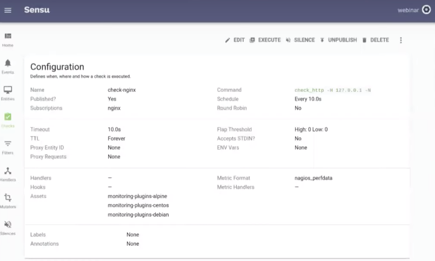 Sensu dashboard configuration monitoring Kubernetes