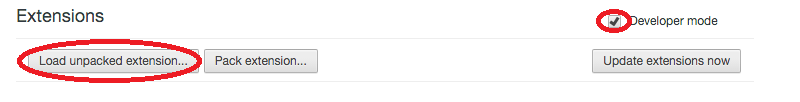 Instructions to click "Load unpacked extension" and have "Developer mode" ticked
