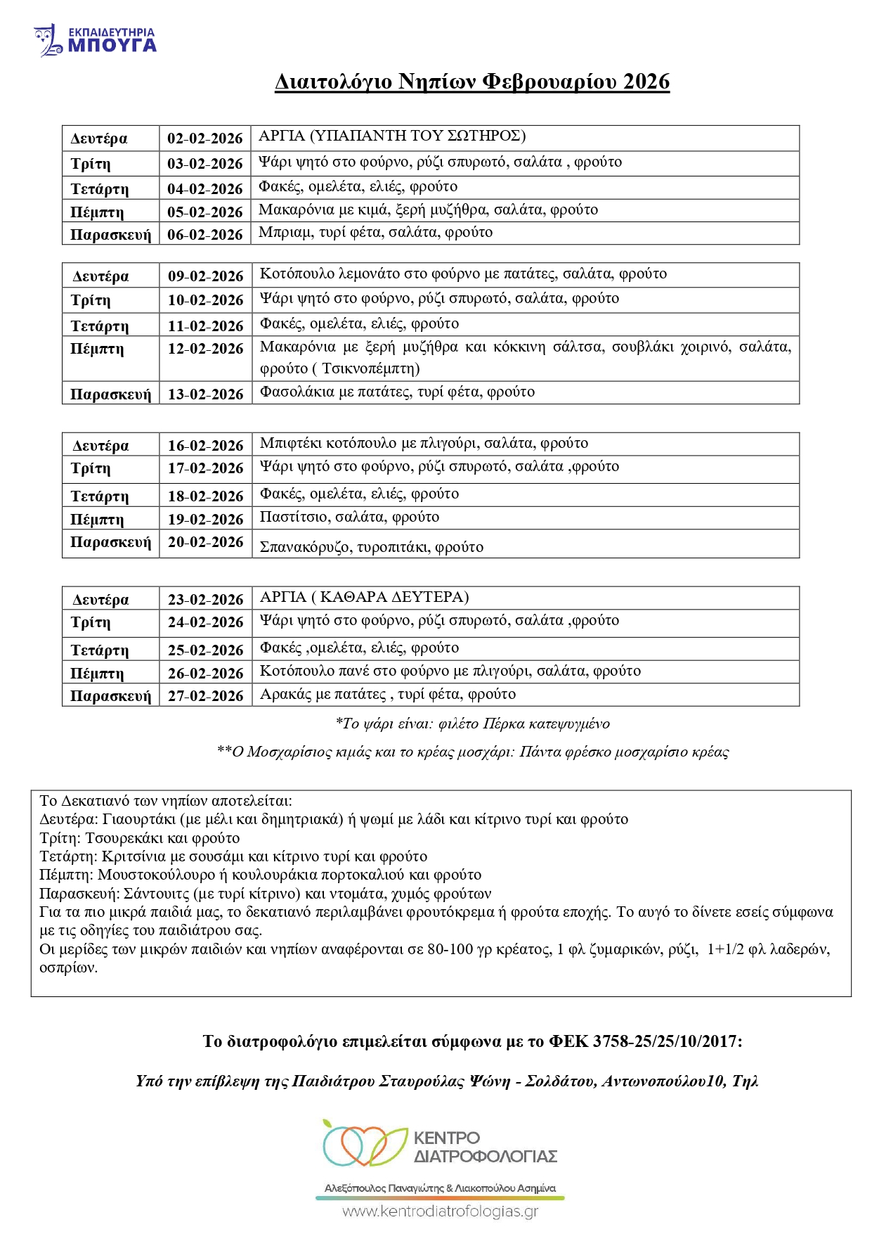 ΔΙΑΙΤΟΛΟΓΙΟ ΝΗΠΙΩΝ ΦΕΒΡΟΥΑΡΙΟΥ 2026