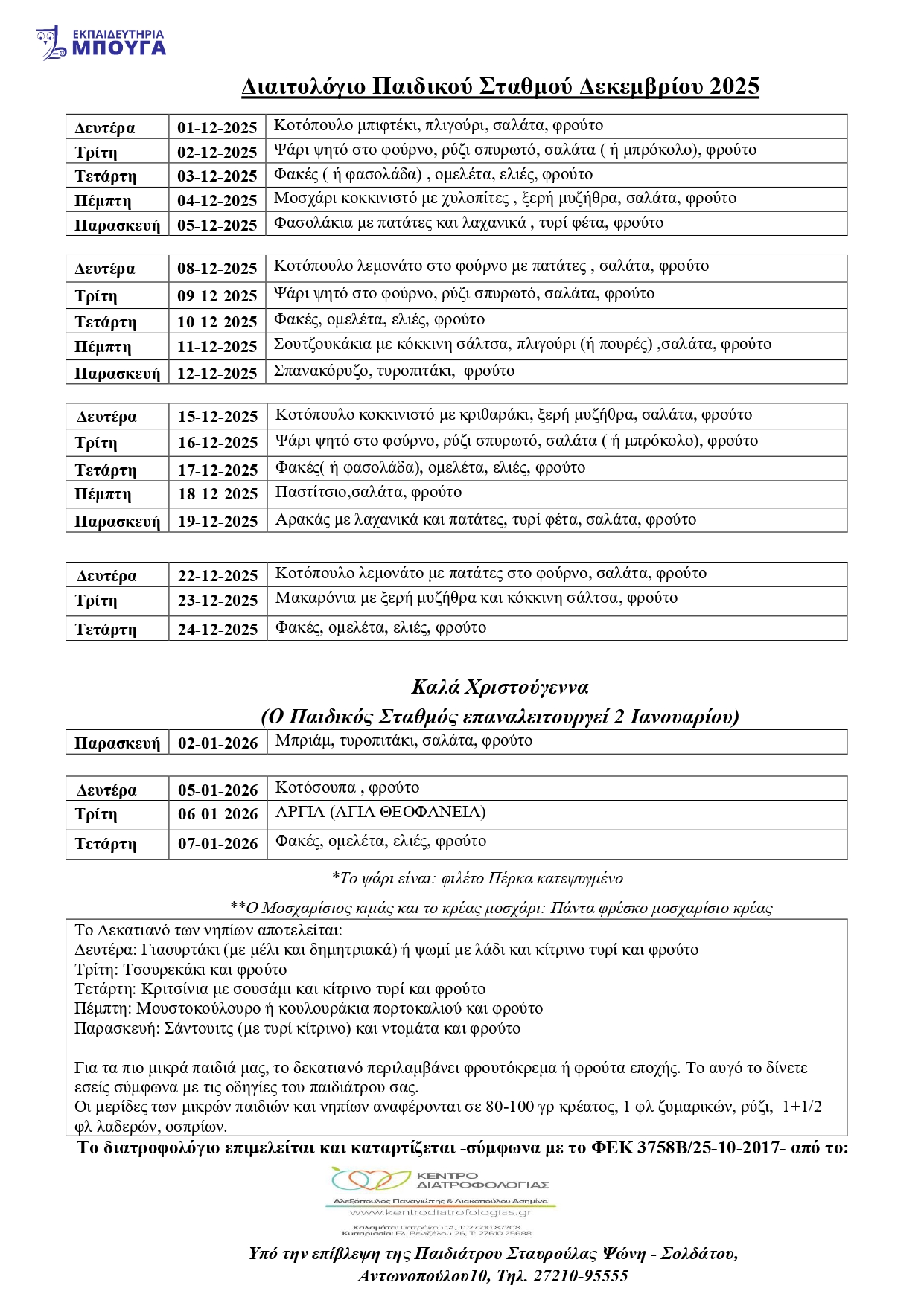 ΔΙΑΙΤΟΛΟΓΙΟ ΠΑΙΔΙΚΟΥ ΣΤΑΘΜΟΥ ΔΕΚΕΜΒΡΙΟΥ 2025