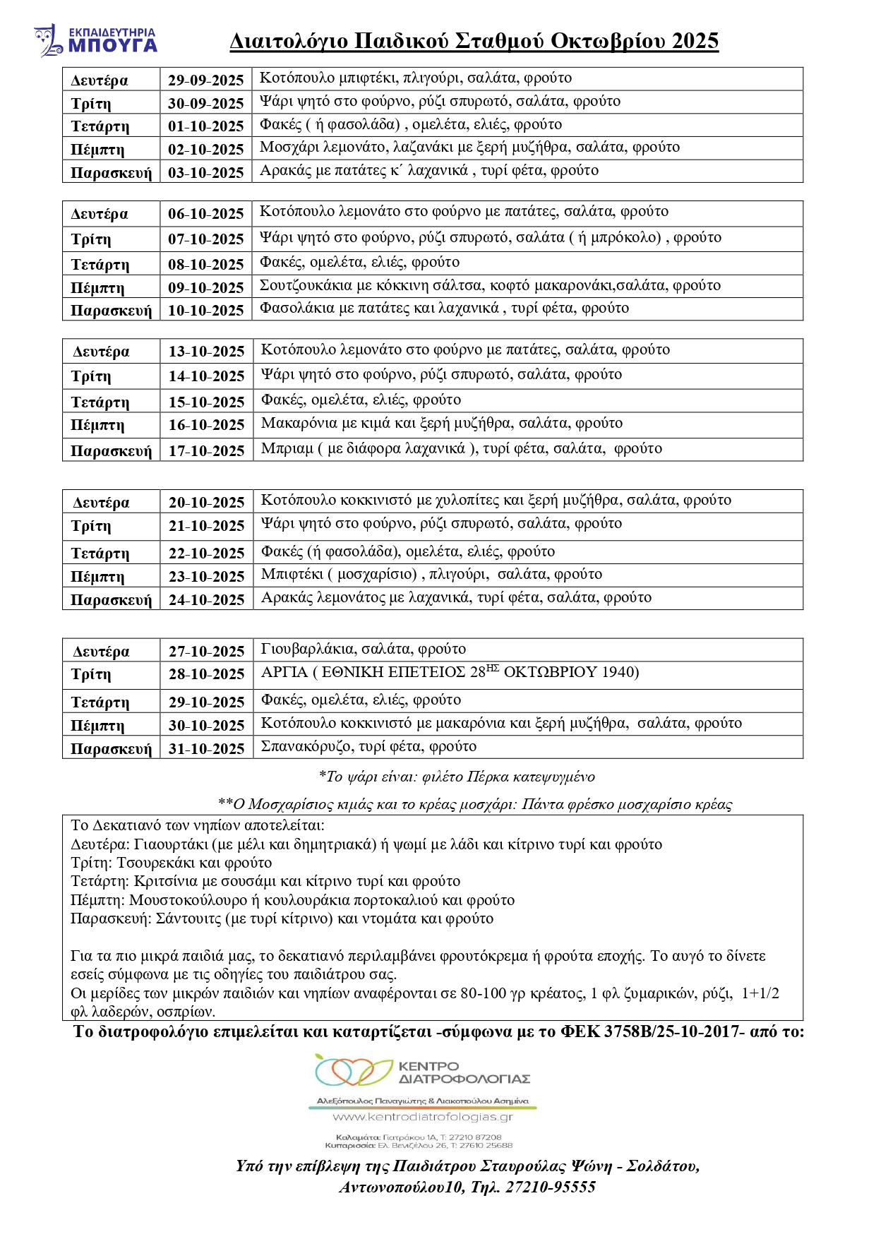 ΔΙΑΙΤΟΛΟΓΙΟ ΠΑΙΔΙΚΟΥ ΣΤΑΘΜΟΥ ΟΚΤΩΒΡΙΟΥ 2025