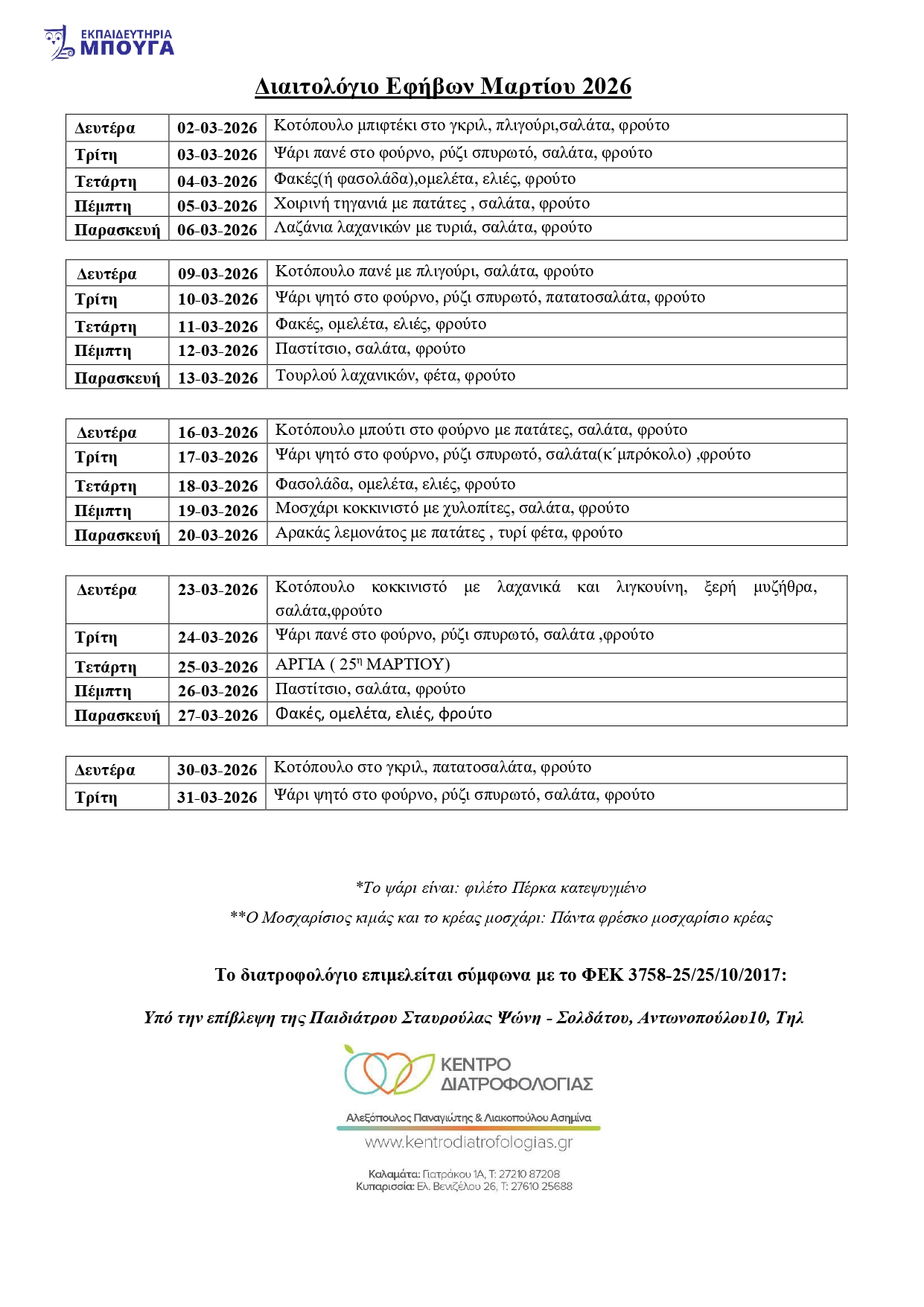 ΔΙΑΙΤΟΛΟΓΙΟ ΕΦΗΒΩΝ ΜΑΡΤΙΟΥ 2026