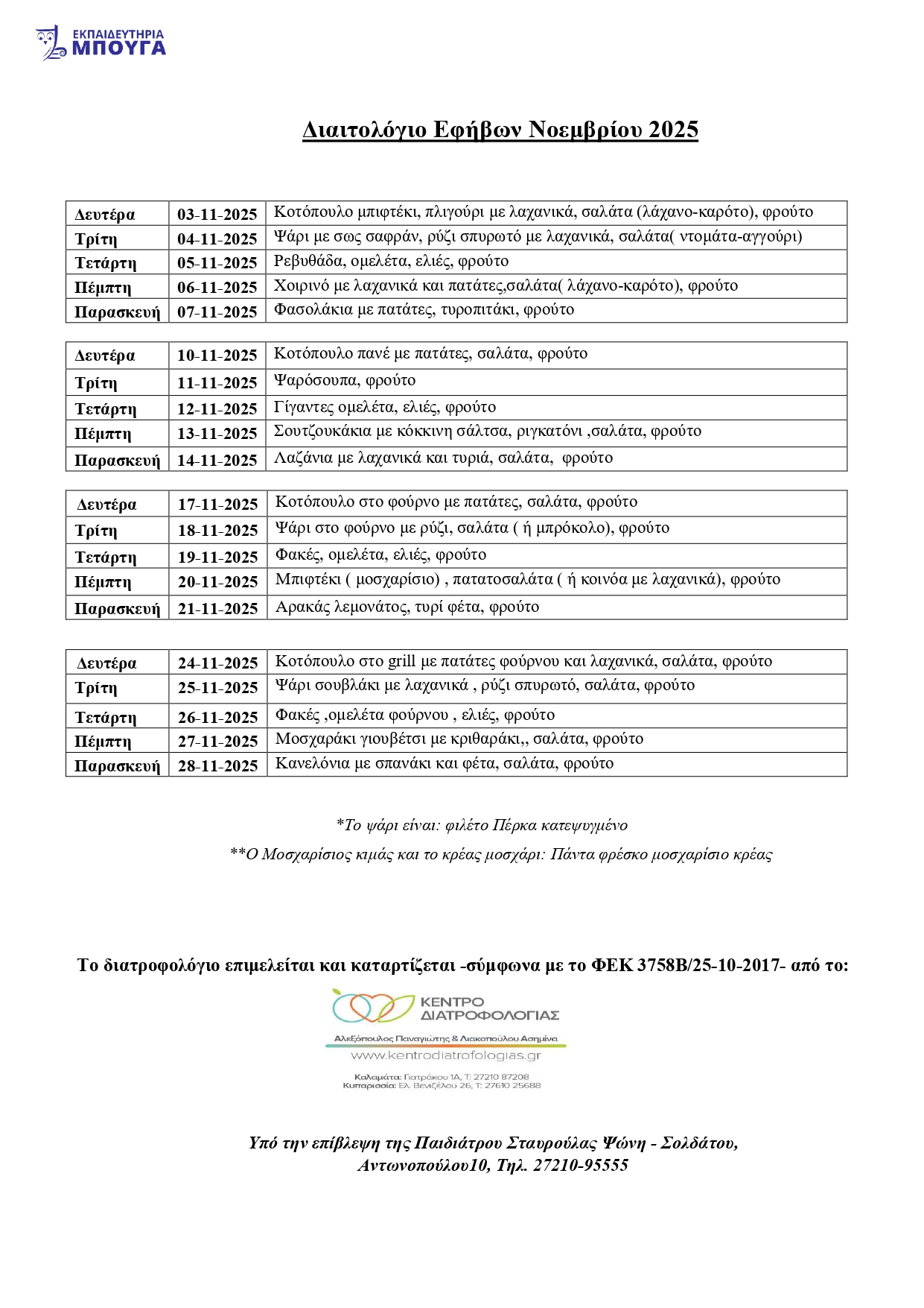 ΔΙΑΙΤΟΛΟΓΙΟ ΕΦΗΒΩΝ ΝΟΕΜΒΡΙΟΥ 2025