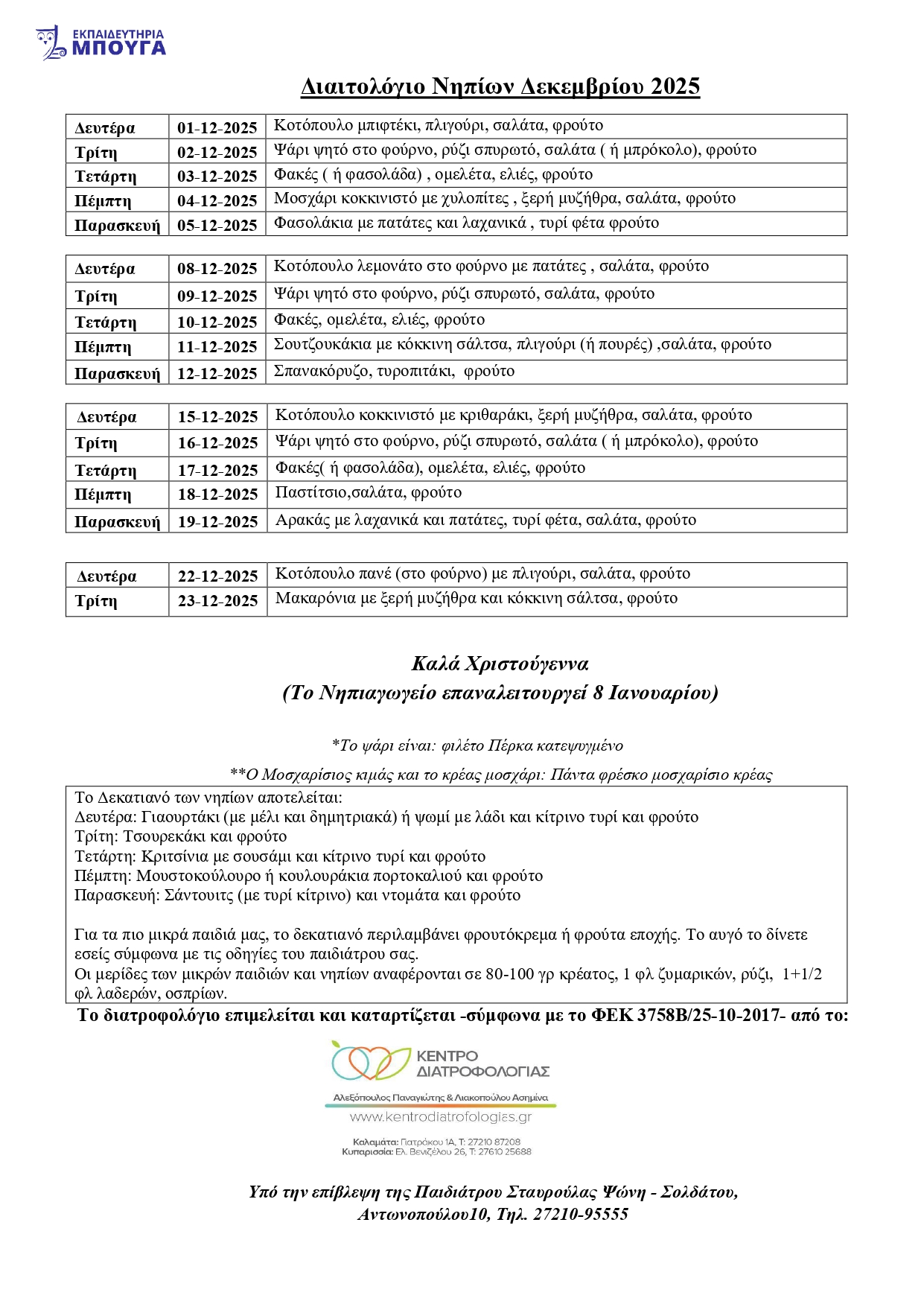 ΔΙΑΙΤΟΛΟΓΙΟ ΝΗΠΙΩΝ ΔΕΚΕΜΒΡΙΟΥ 2025
