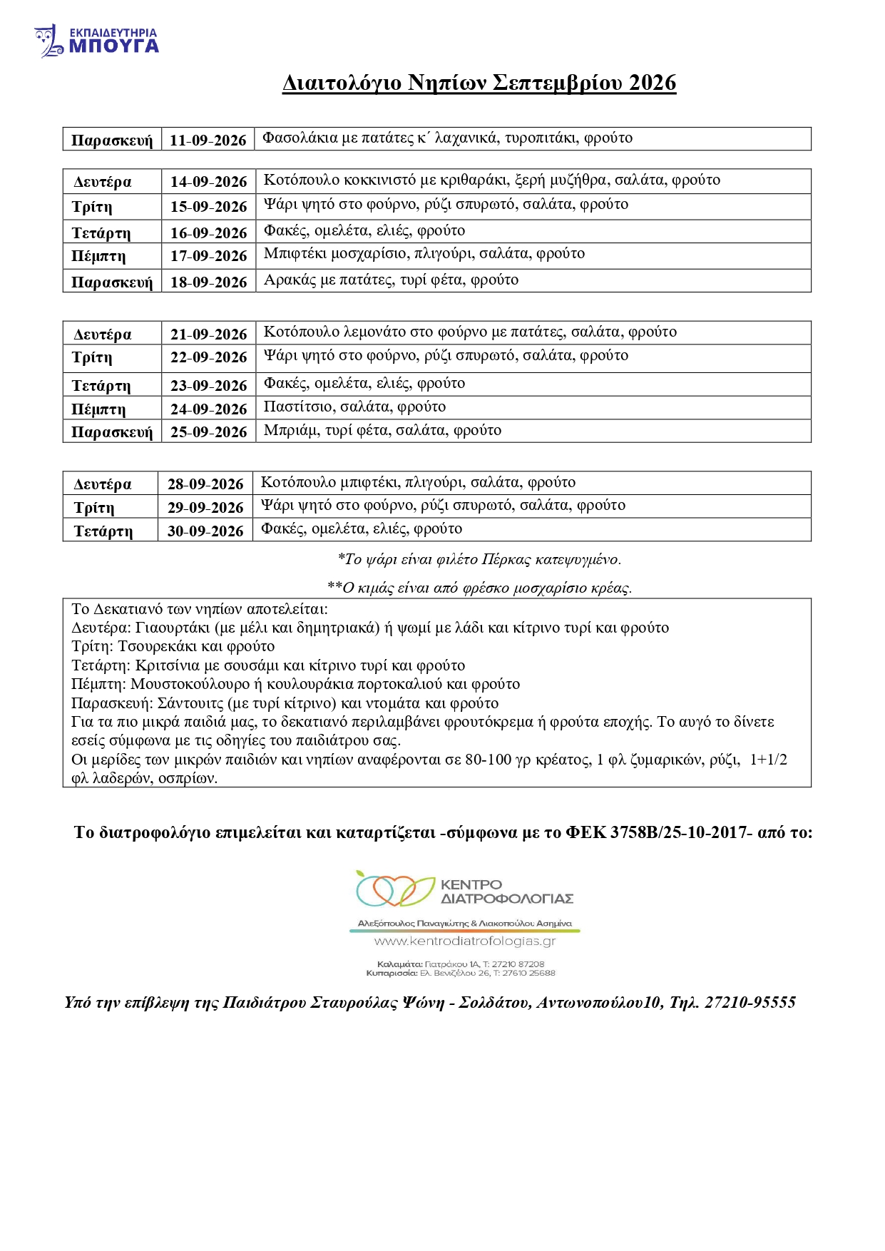 ΔΙΑΙΤΟΛΟΓΙΟ NHΠΙΩΝ ΣΕΠΤΕΜΒΡΙΟΥ 2026