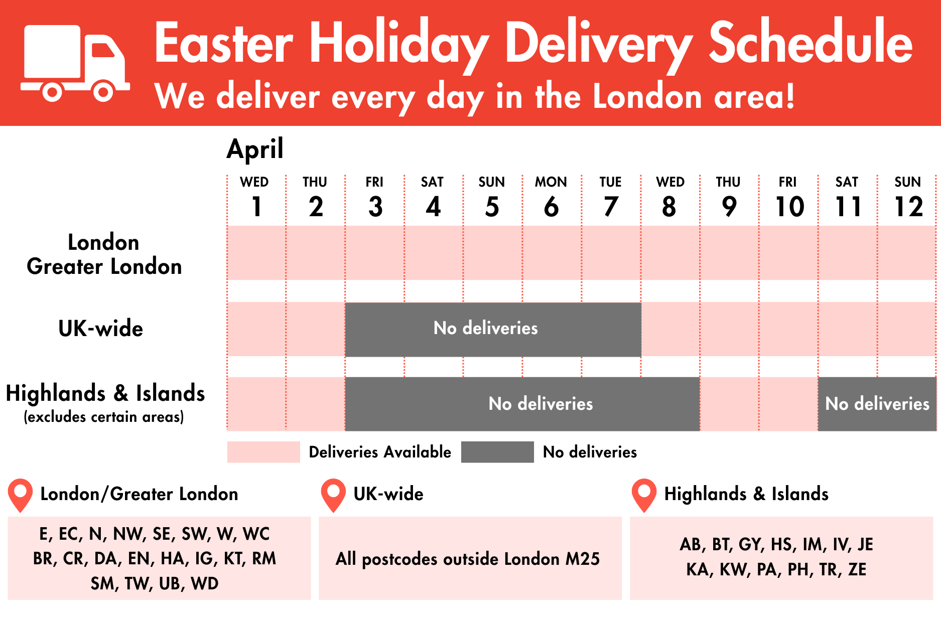 Areas outside of London will have no deliveries between 3rd and 8th April.