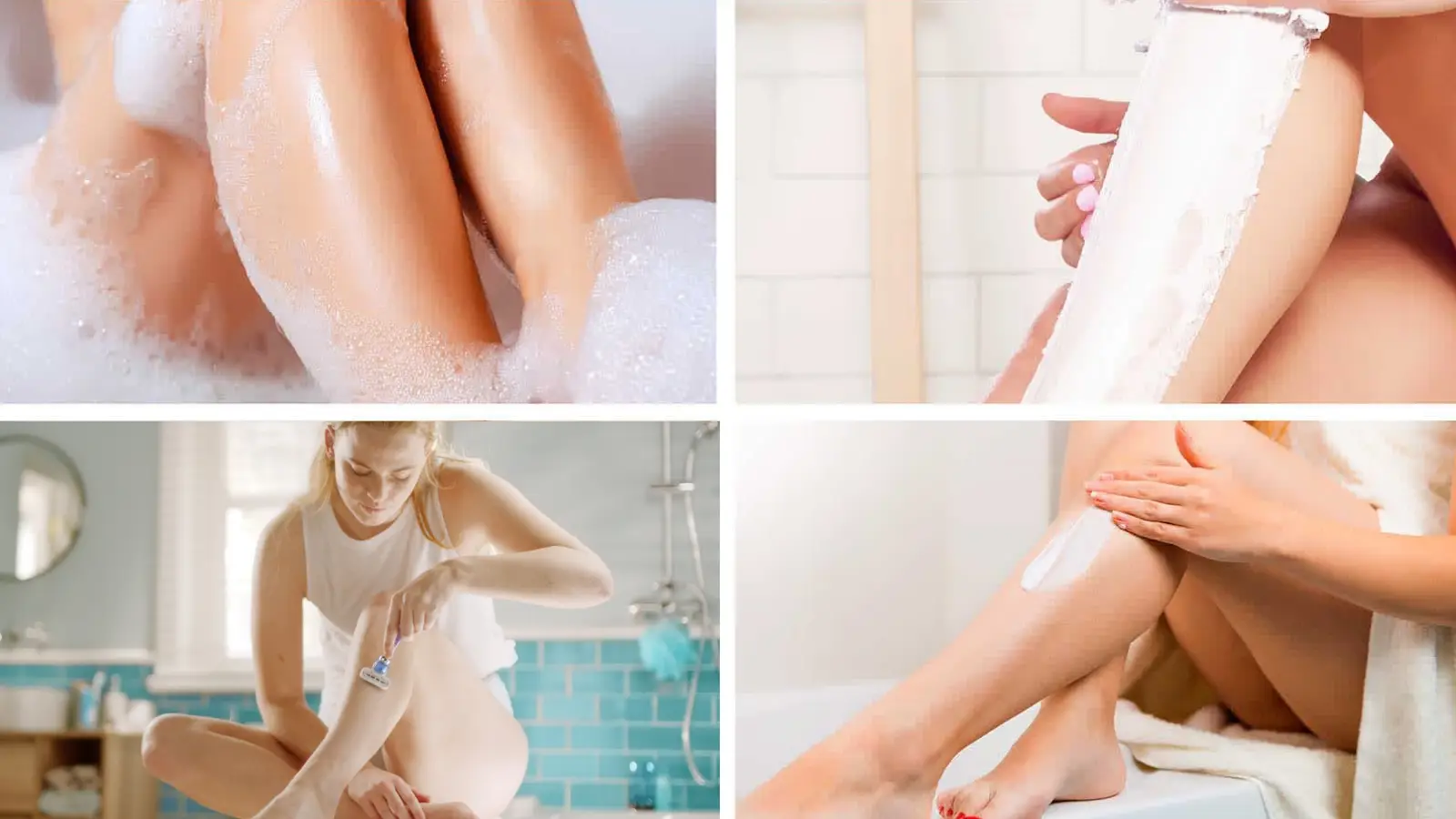 Jambes de femme dans un bain moussant, femme essuyant la crème dépilatoire sur sa jambe, femme se rasant avec un rasoir dans une salle de bain, femme appliquant de la crème sur sa jambe