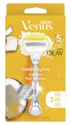 Rasoir rechargeable argenté Venus de Gillette avec une tête de rasoir jaune dans son emballage