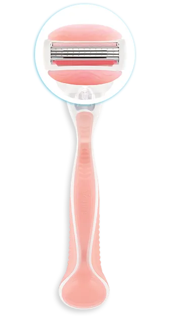 Rasoir rechargeable rose Venus de Gillette avec un gros plan de sa tête de rasoir