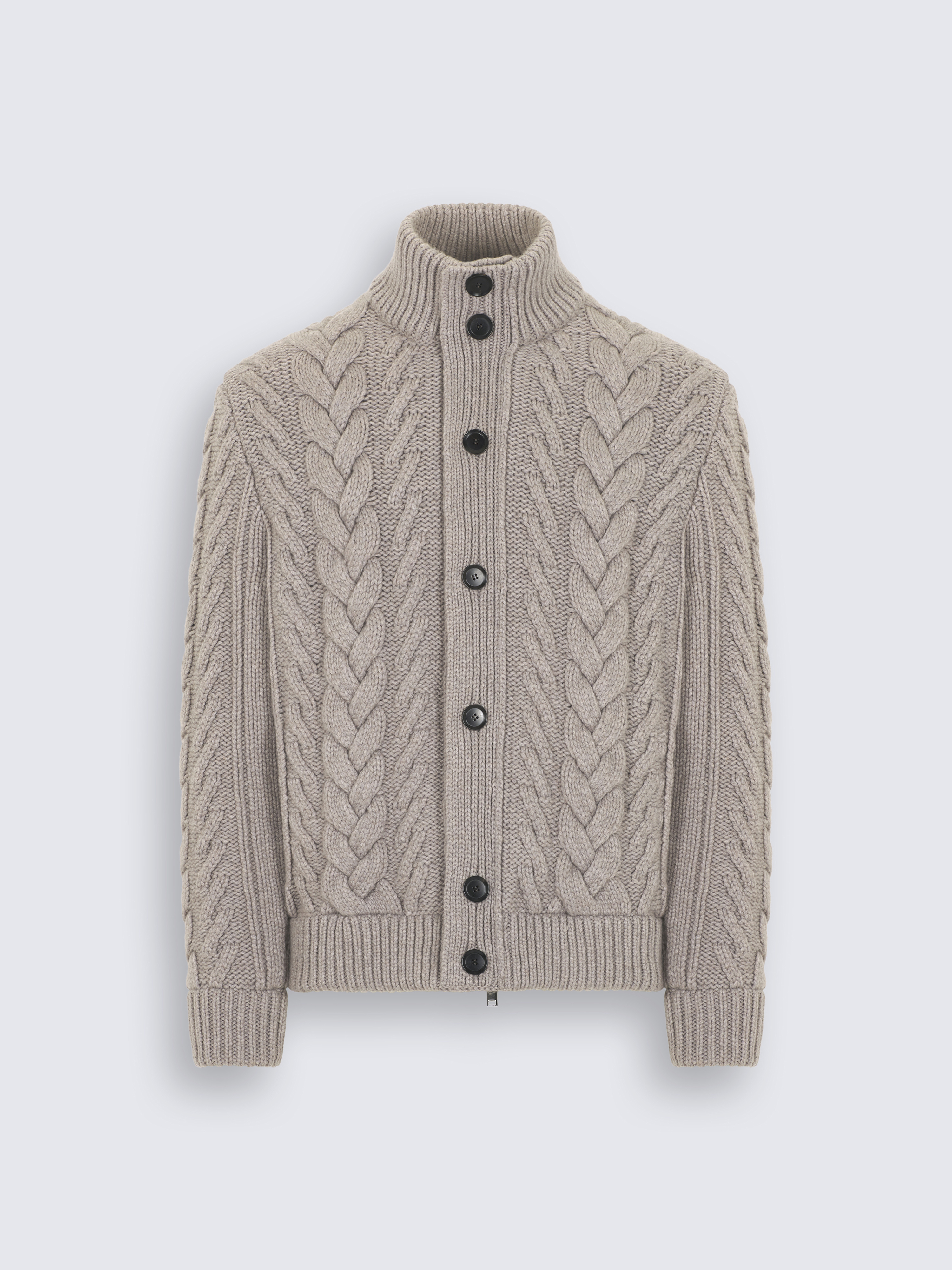 Taupe cashmere placed cable-knit full-zip sweater