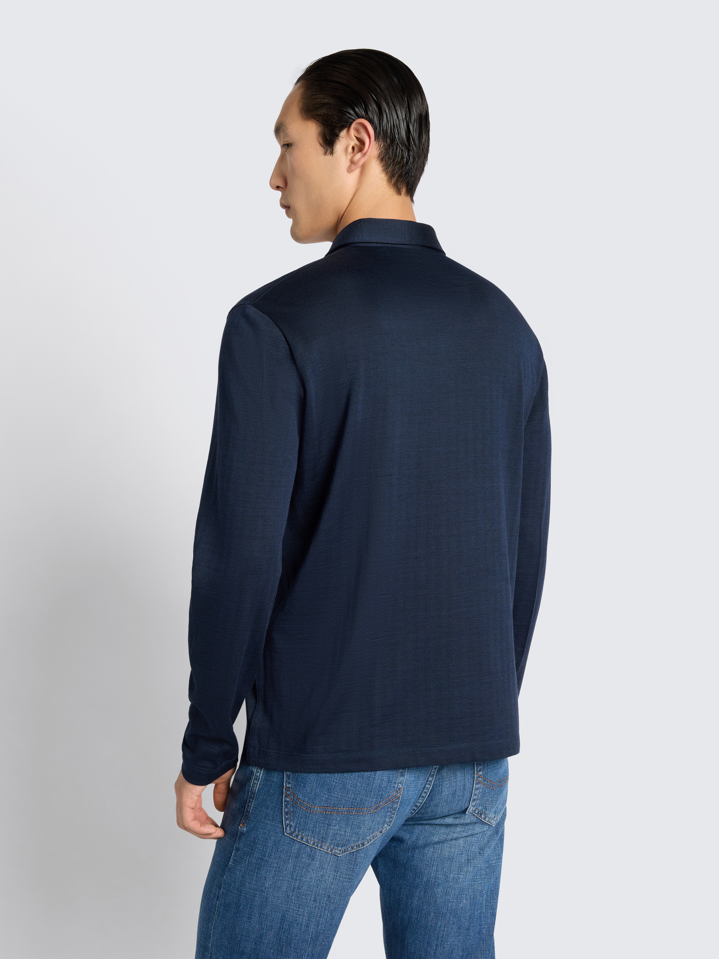 Navy blue wool and silk long-sleeved polo
