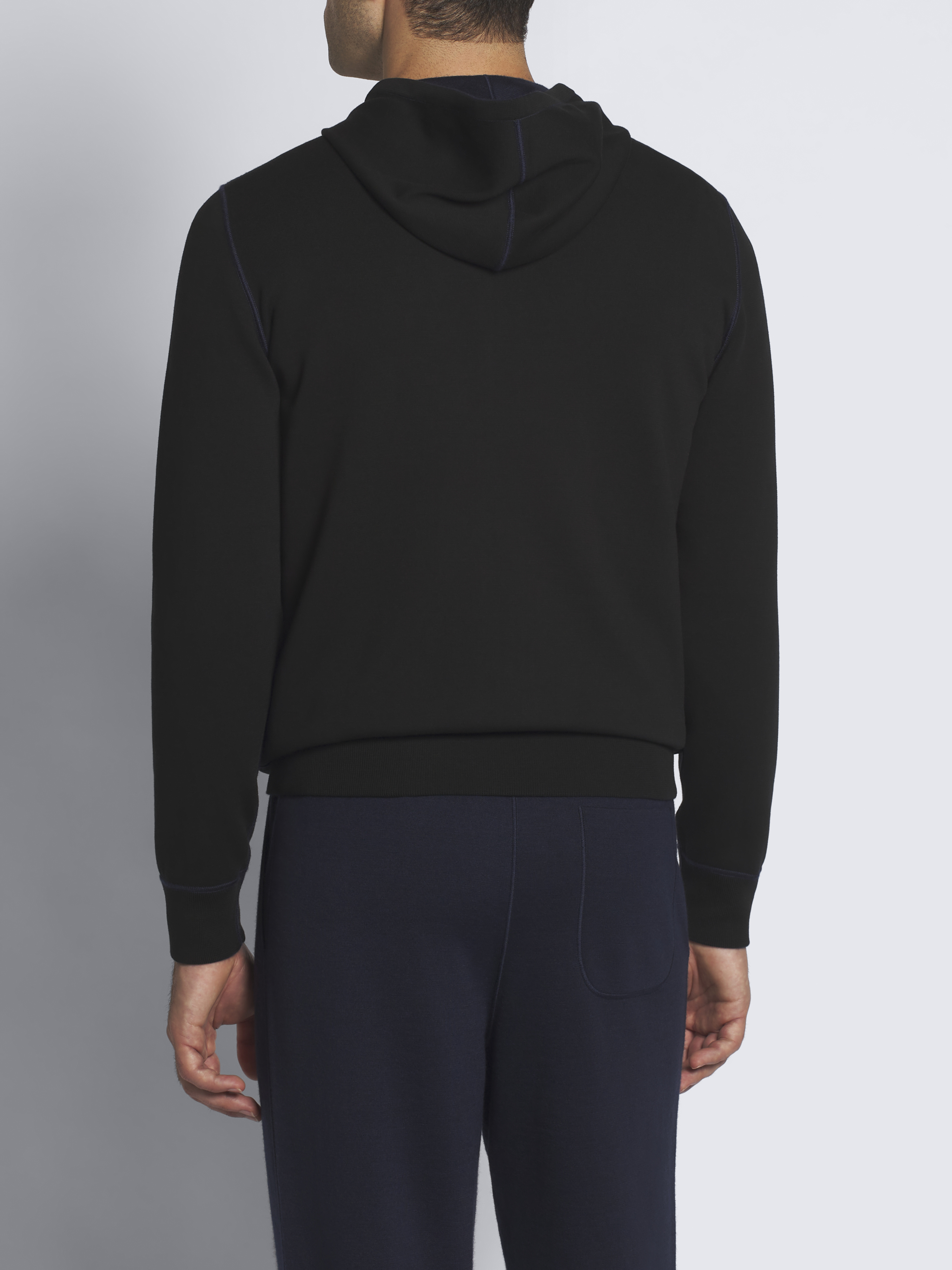 Black and navy blue cashmere, silk and cotton reversible hoodie