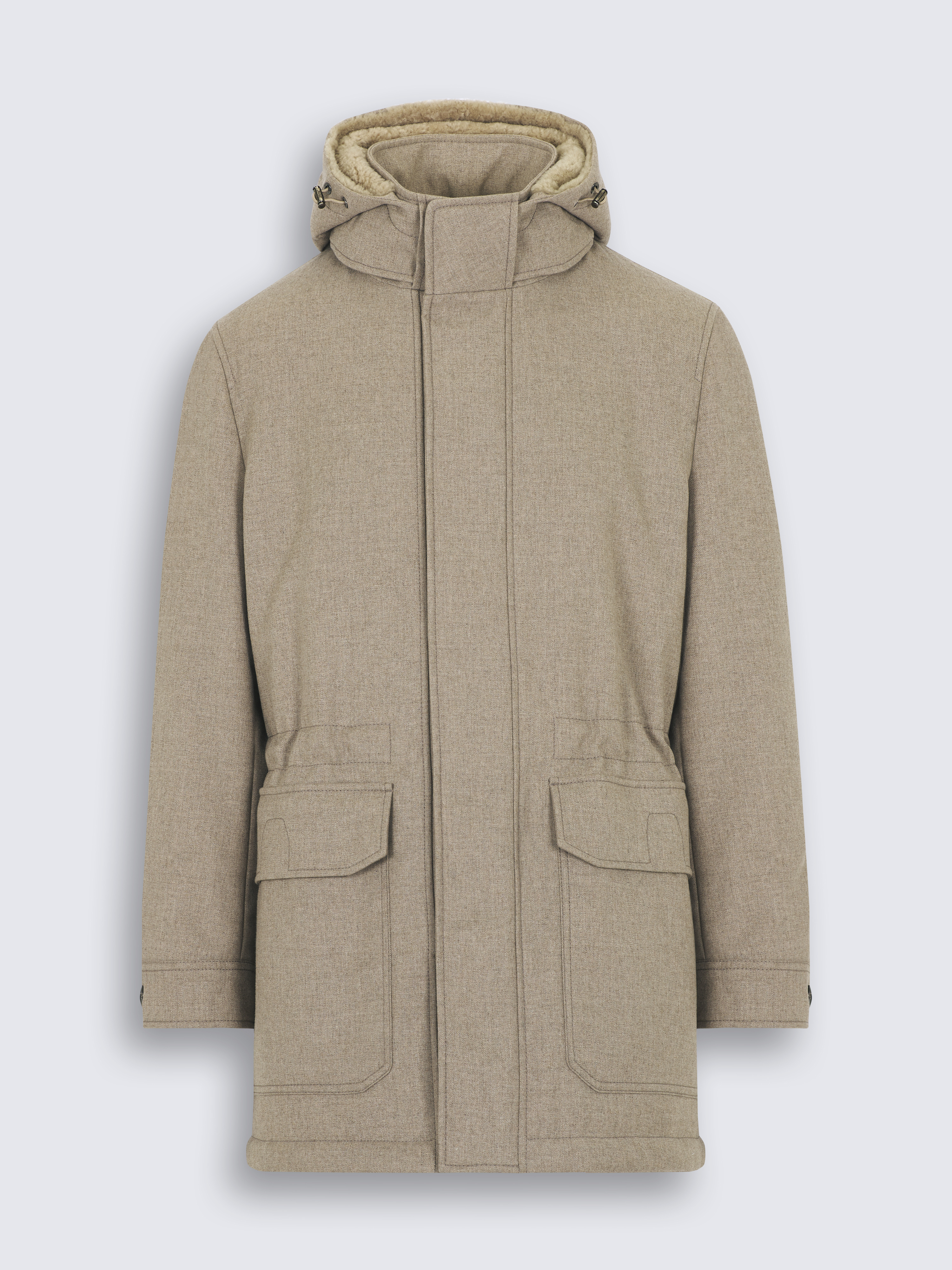 Taupe cashmere and wool flannel parka