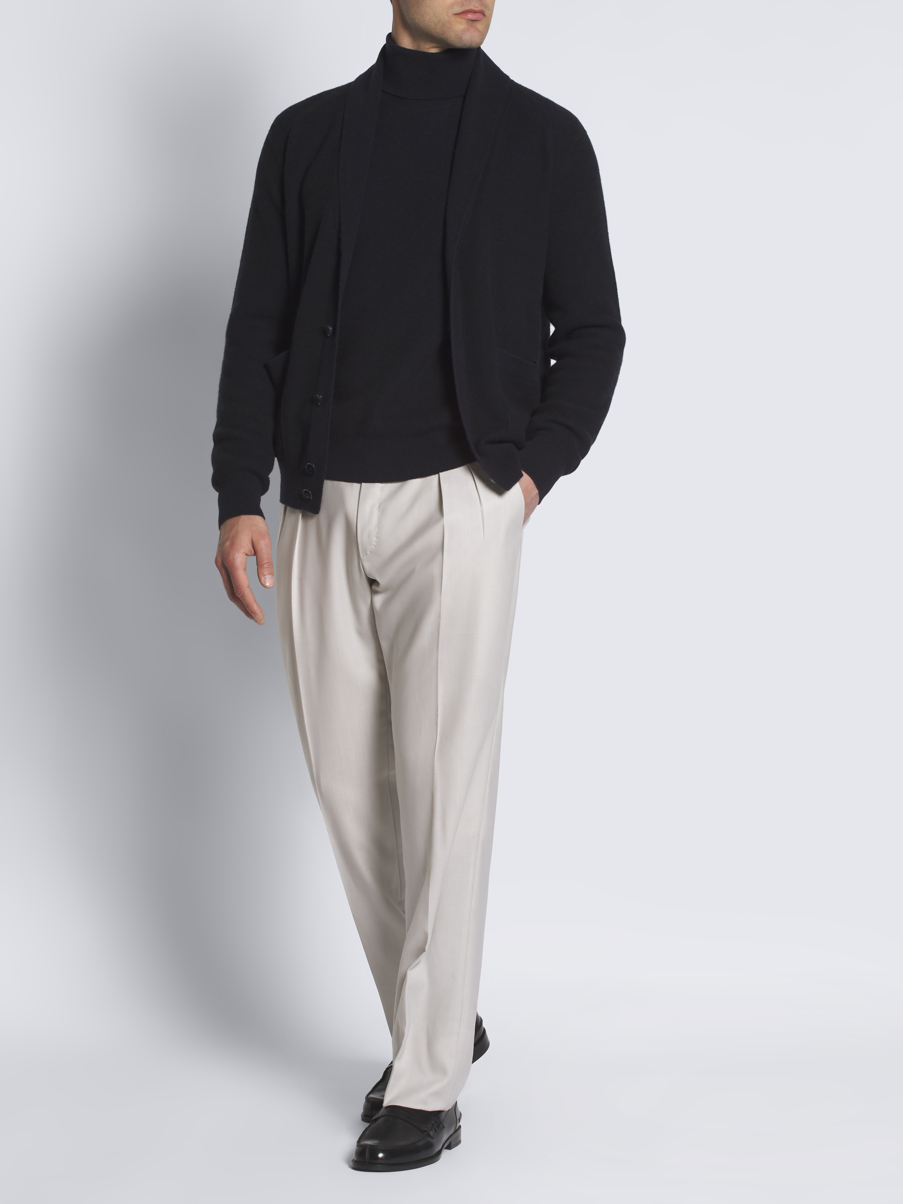 Navy blue cashmere and wool shawl collar cardigan