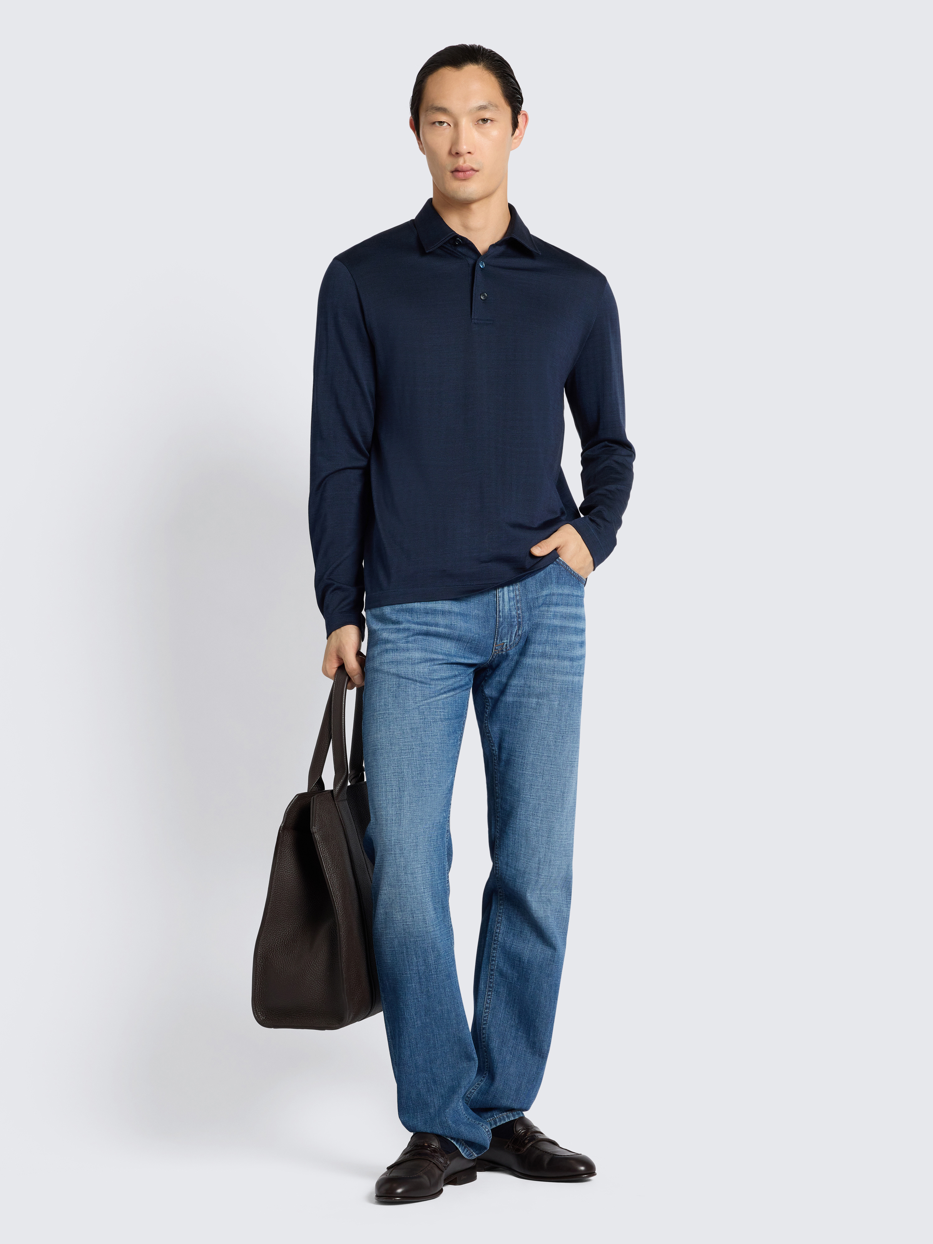Navy blue wool and silk long-sleeved polo