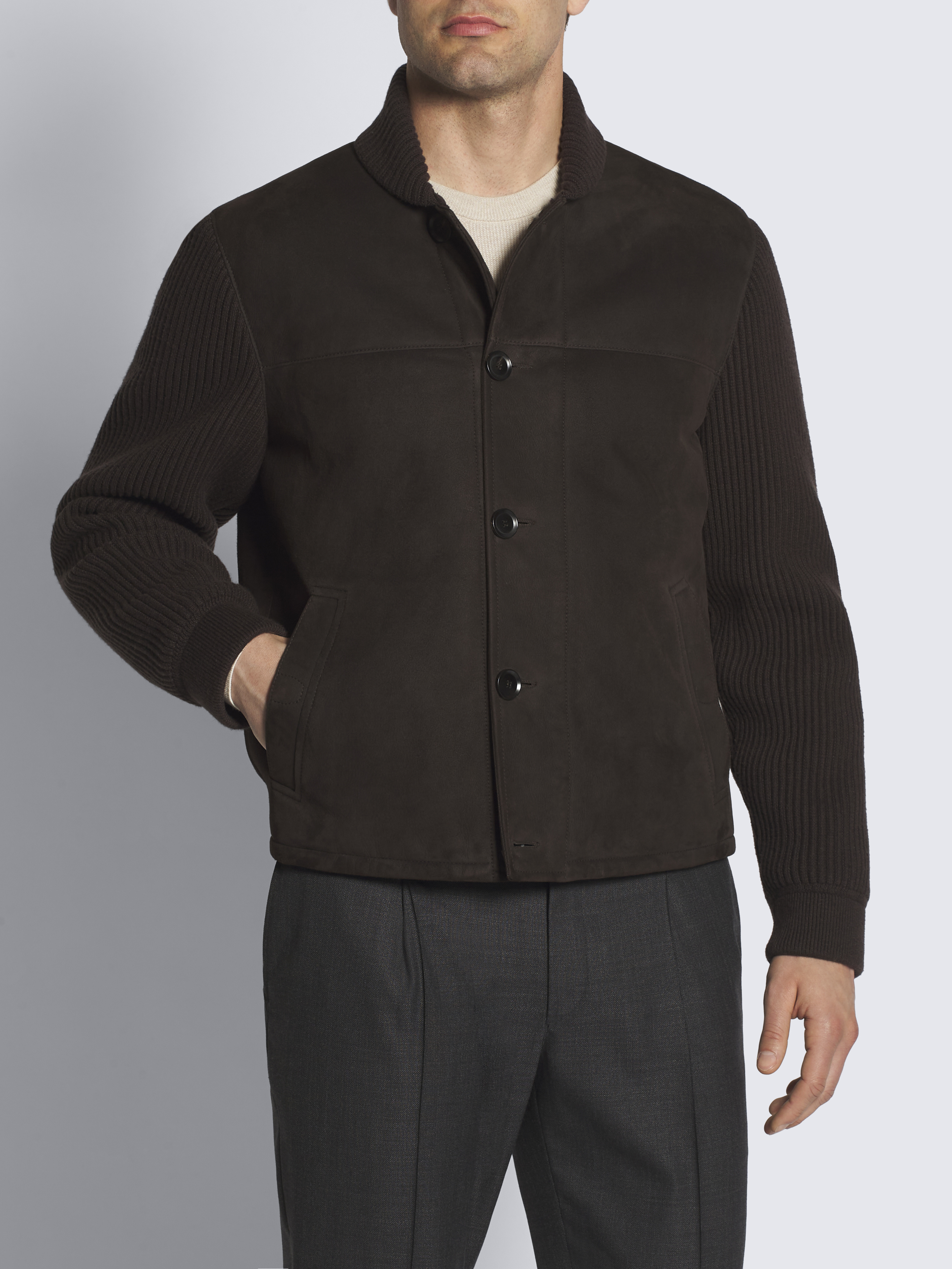 ボンバージャケット ブラウン 2ポケット エンブロイダリー付き レザー ボンバージャケット ・ブラウン