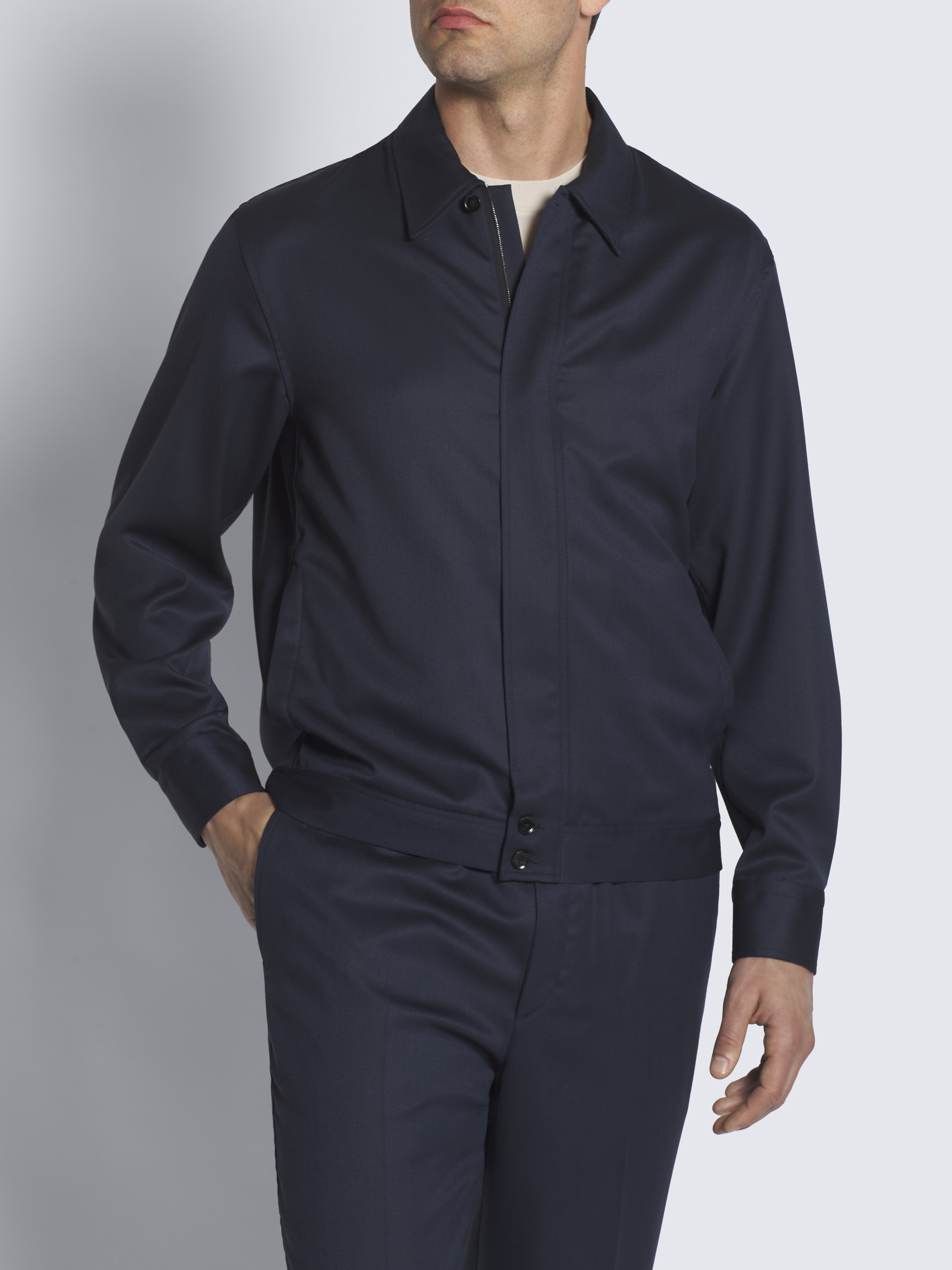 ネイビーブルー ウールツイル シャツカラー ブルゾン