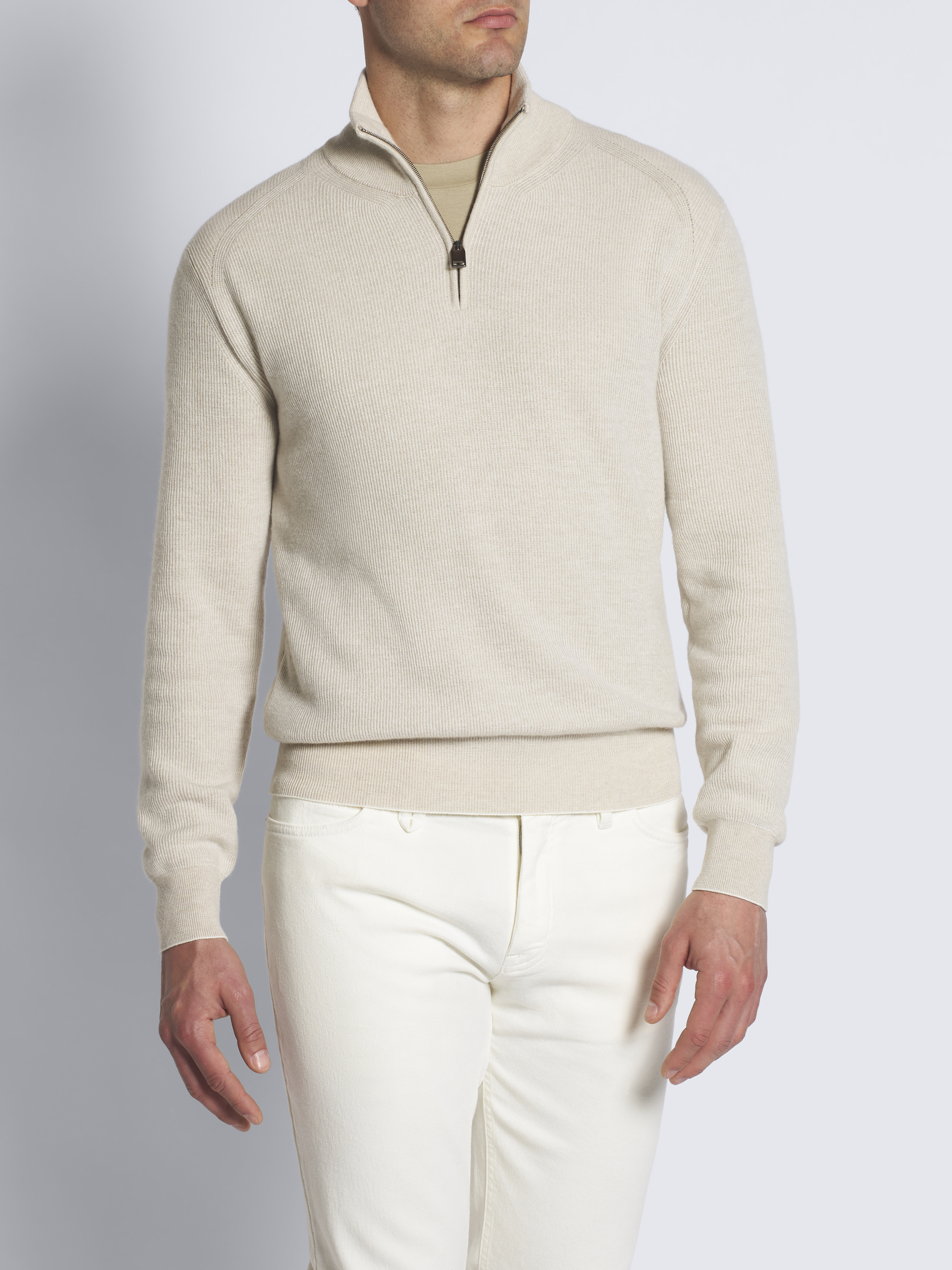 Brioni アイボリーホワイト カシミア & ウール ハーフジップ セーター