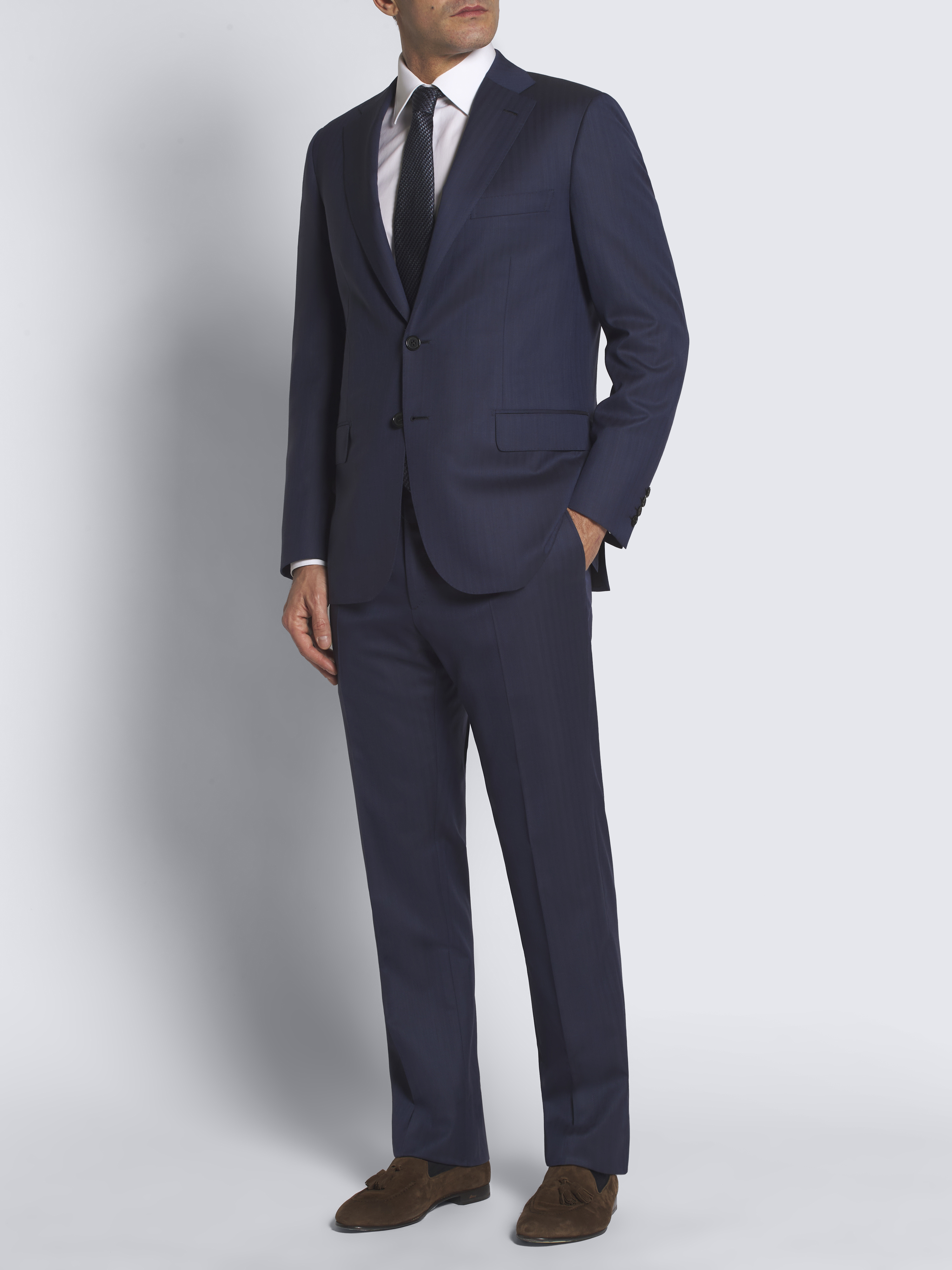 Navy blue herringbone Super 150's responsible wool Brunico suit