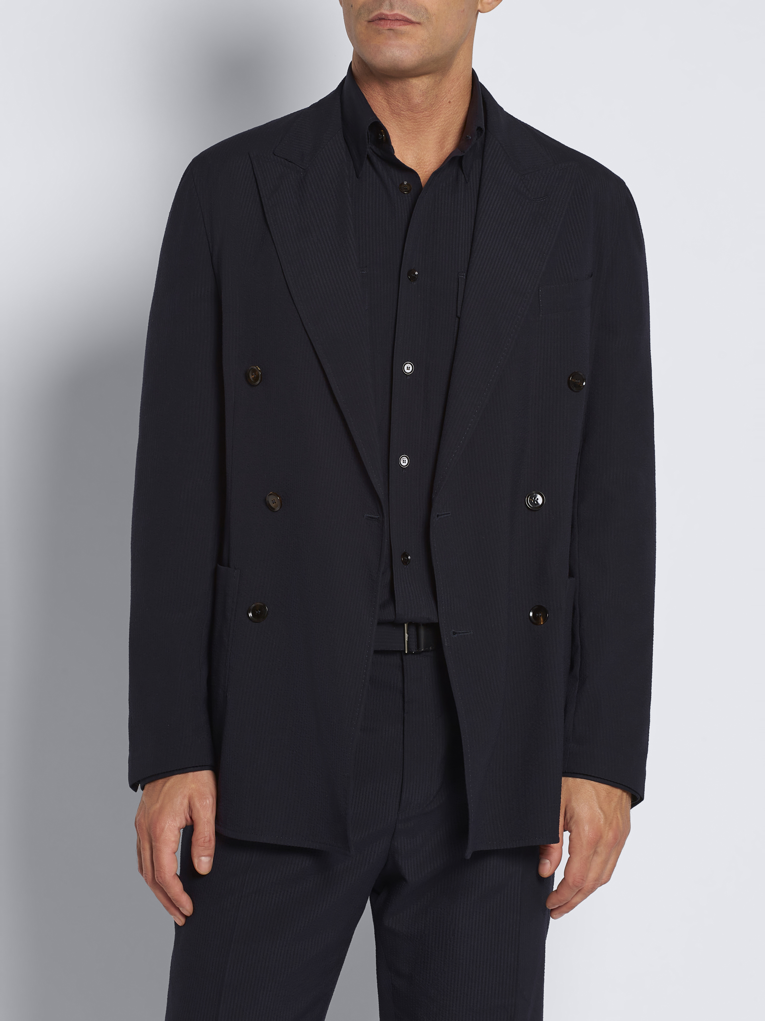 Midnight blue silk double-breasted jacket