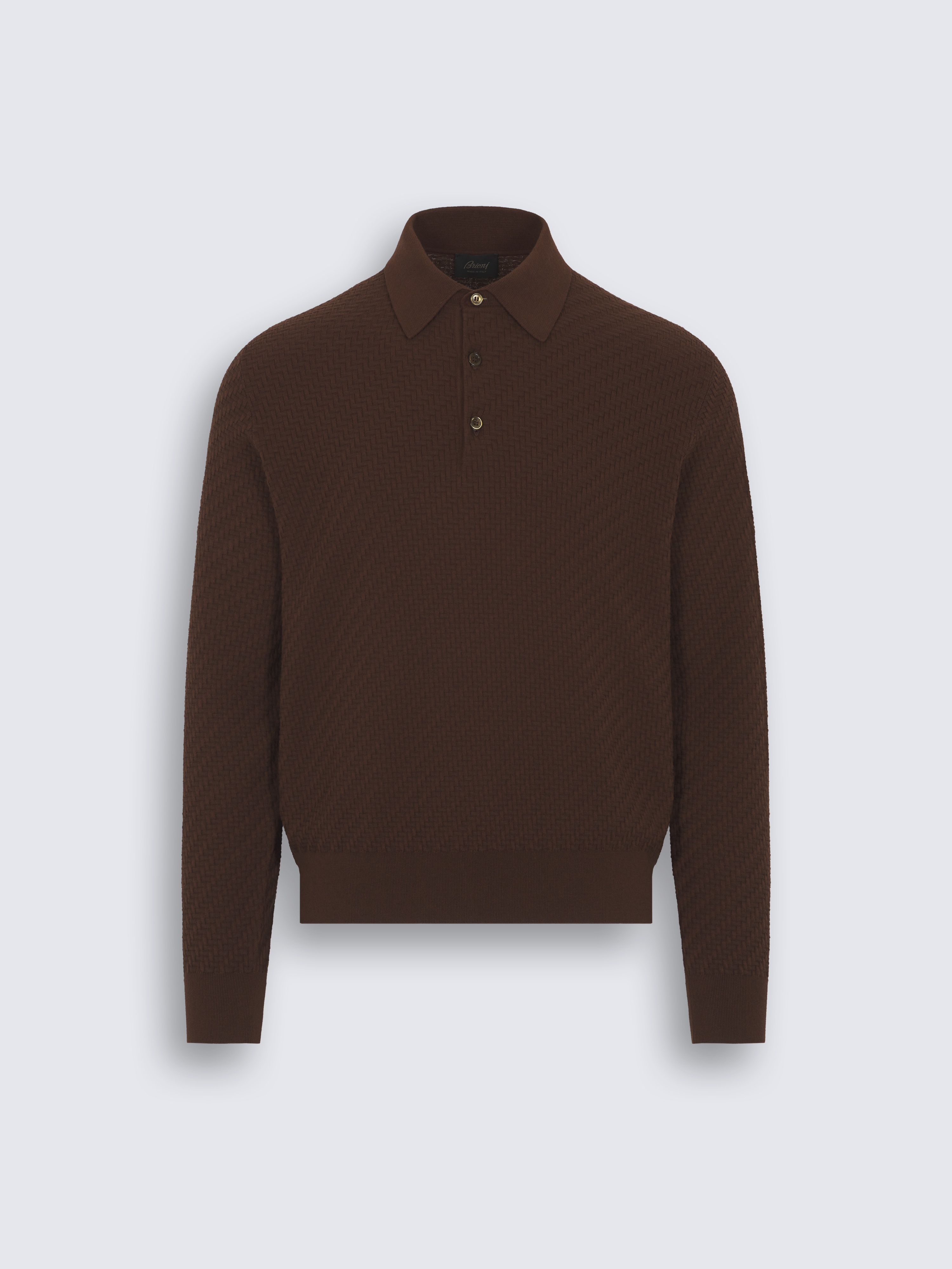 Burnt brown cotton, silk and cashmere Trama weave long-sleeved polo