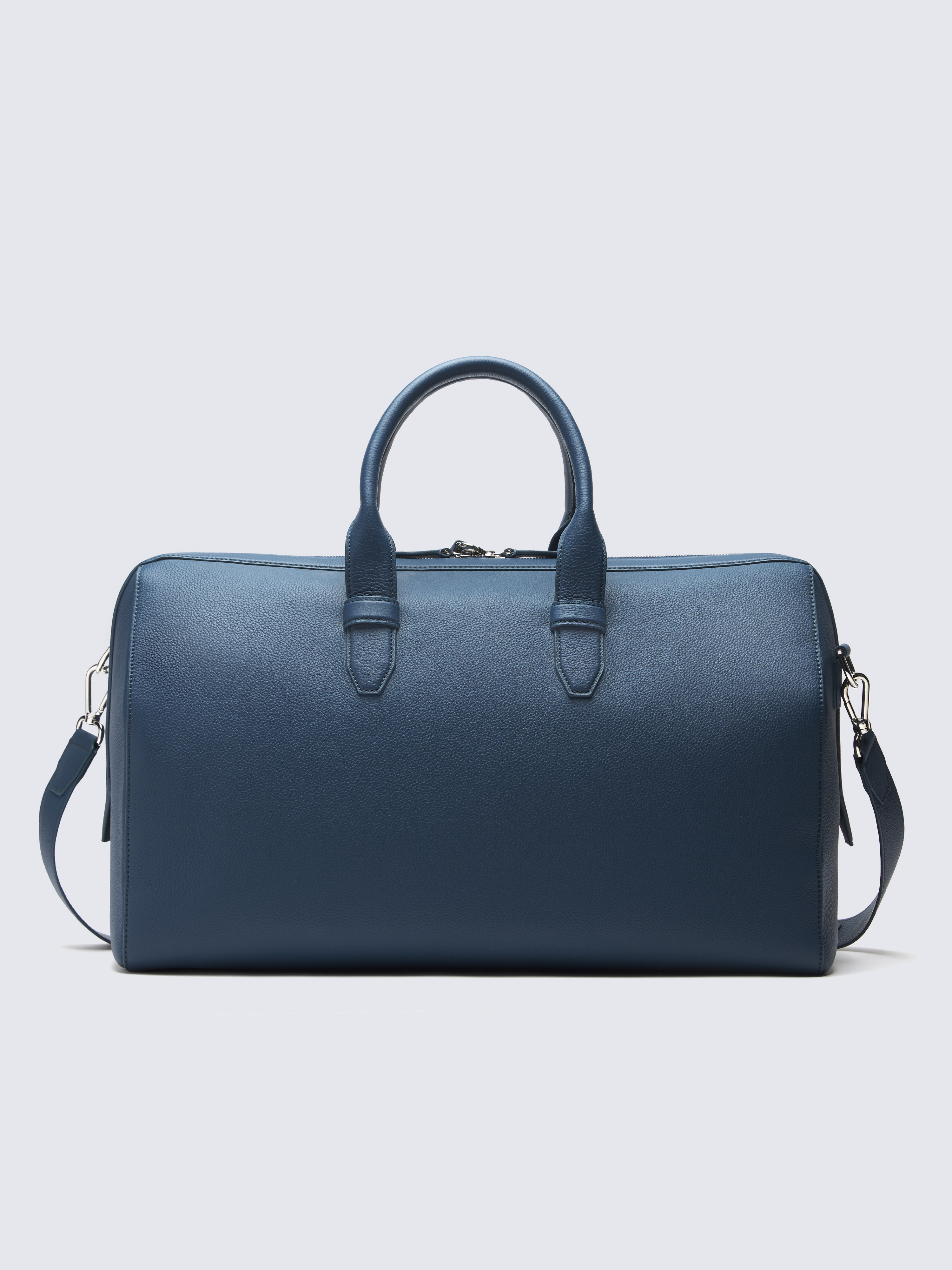 Blue leather store duffle bag