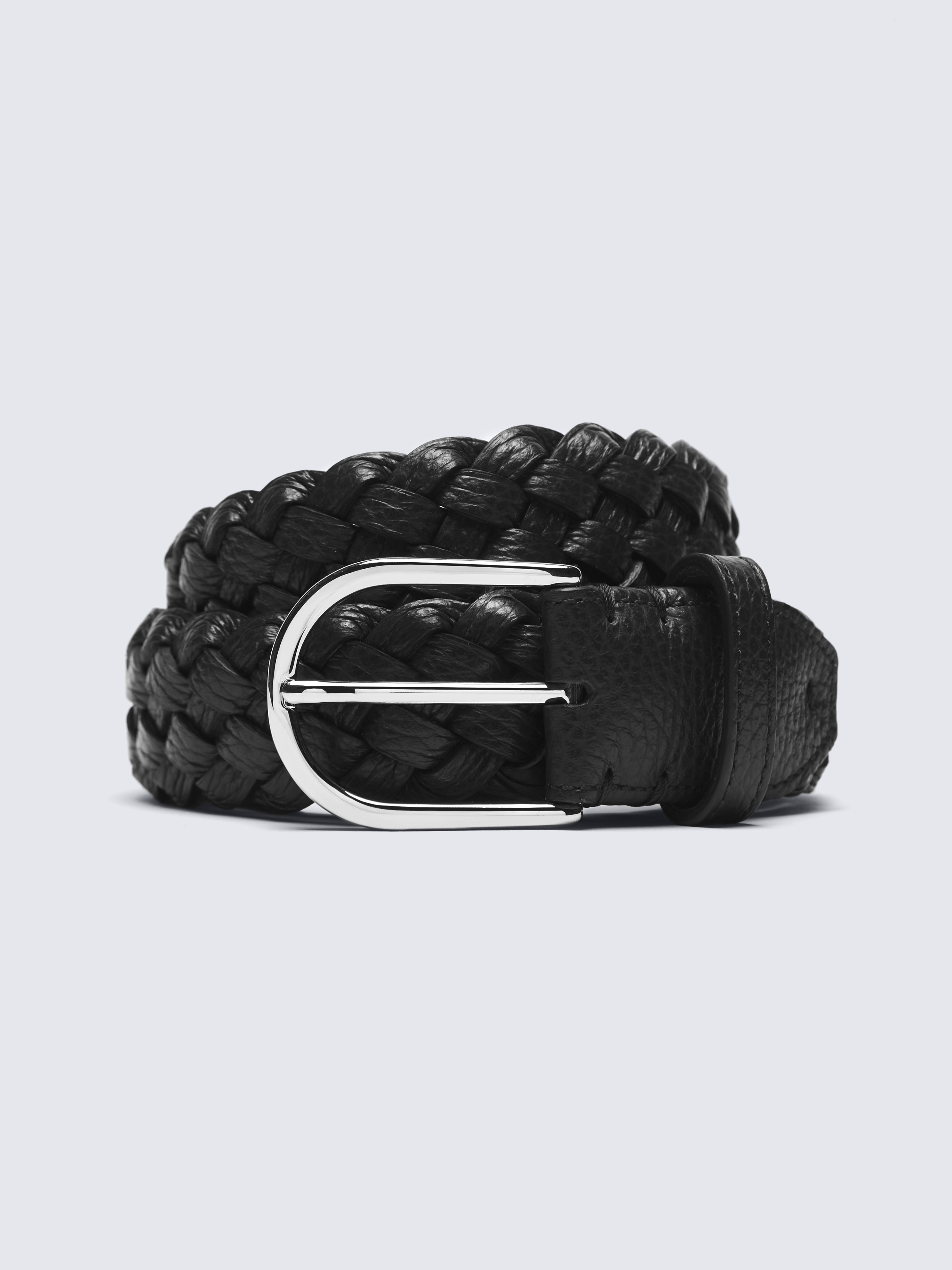 Black grained leather braided belt