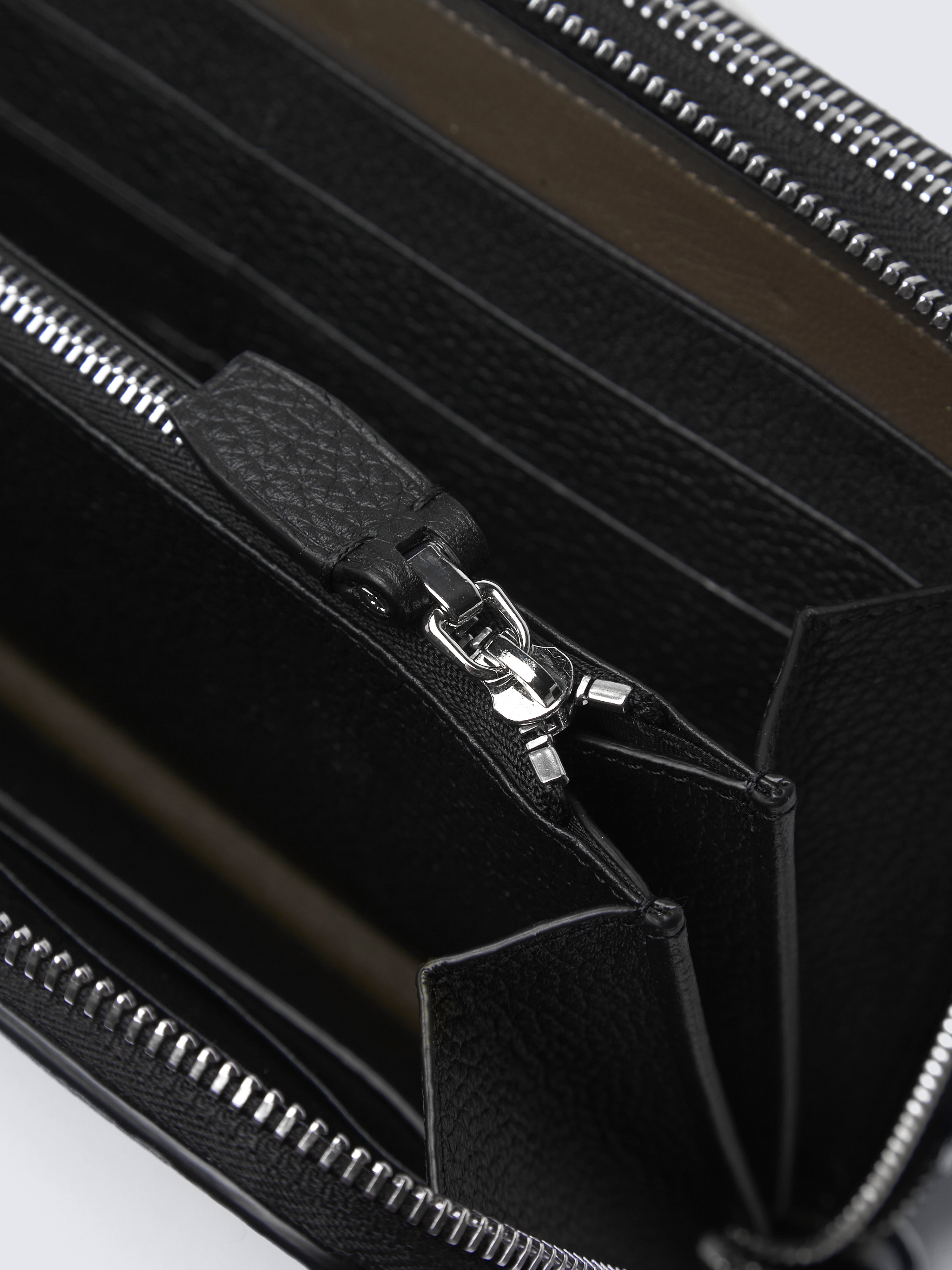 Black grained leather double zip wallet
