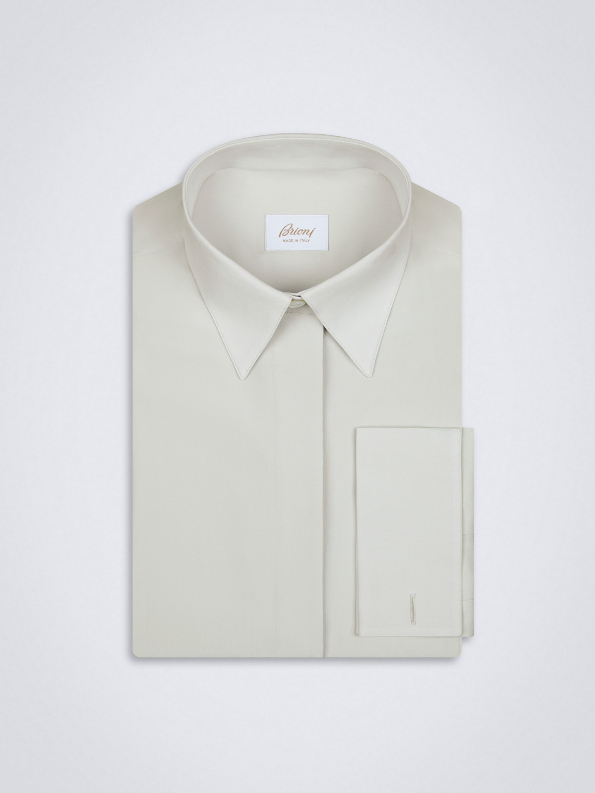 Ivory white silk French cuff evening shirt with plastron