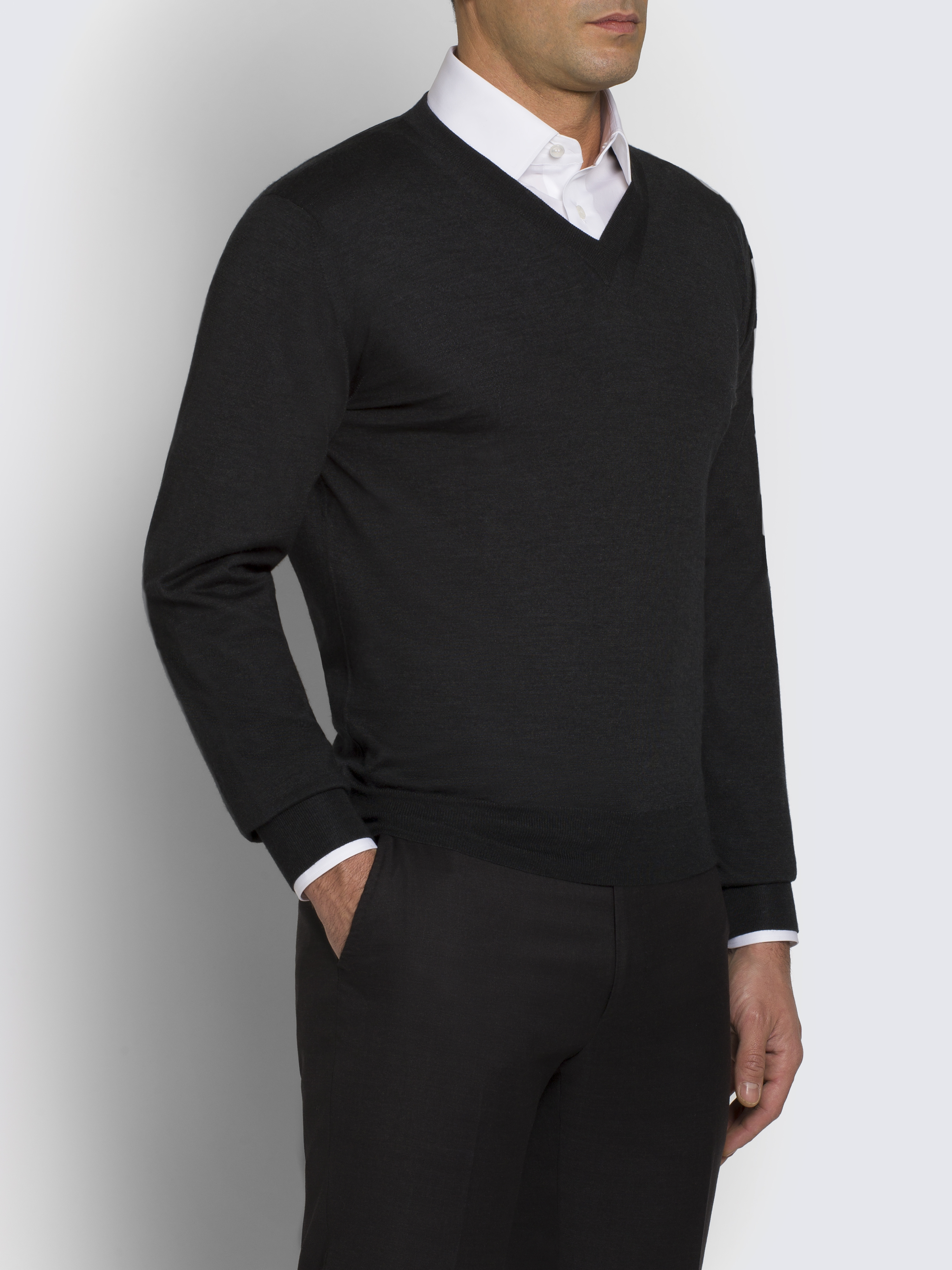Essential dark grey wool, cashmere and silk V-neck sweater