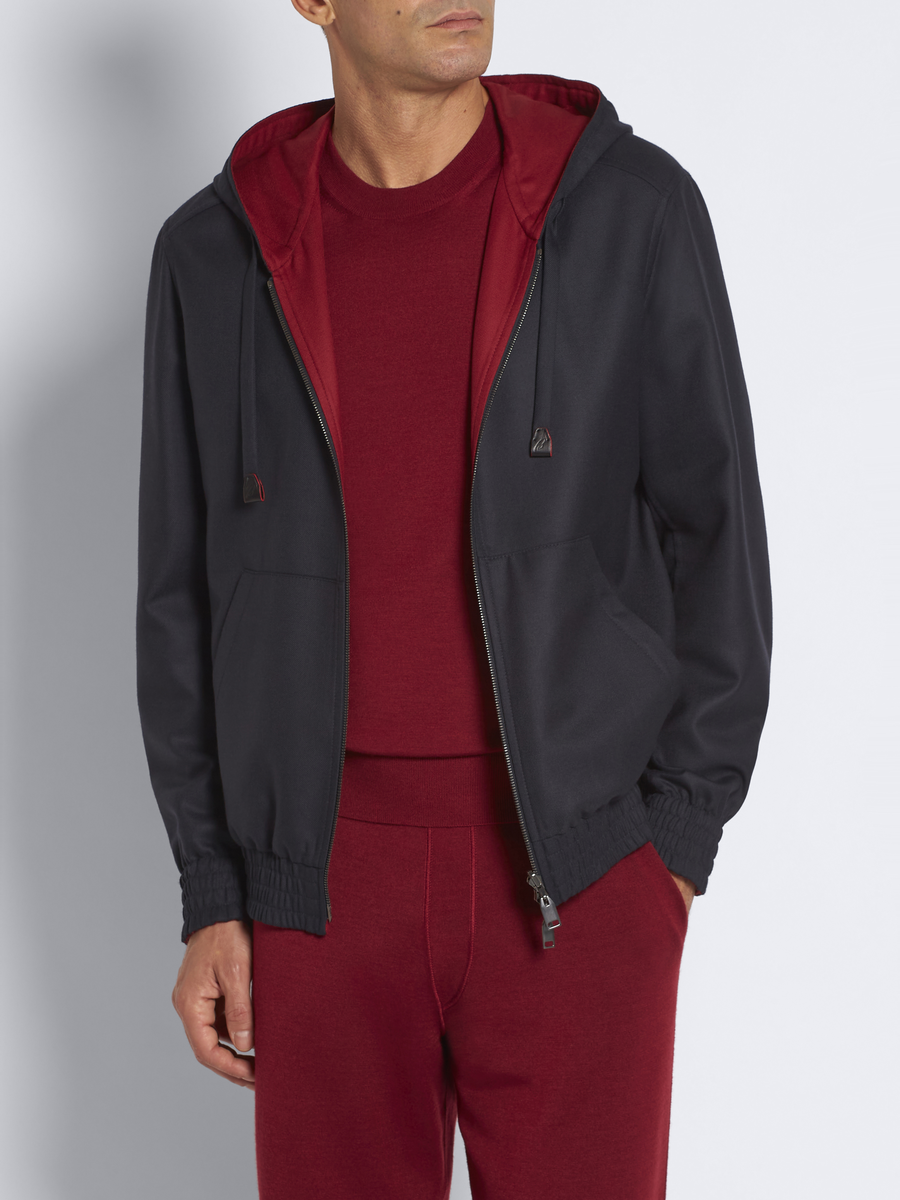 Blue and red virgin wool reversible hoodie blouson Brioni PE