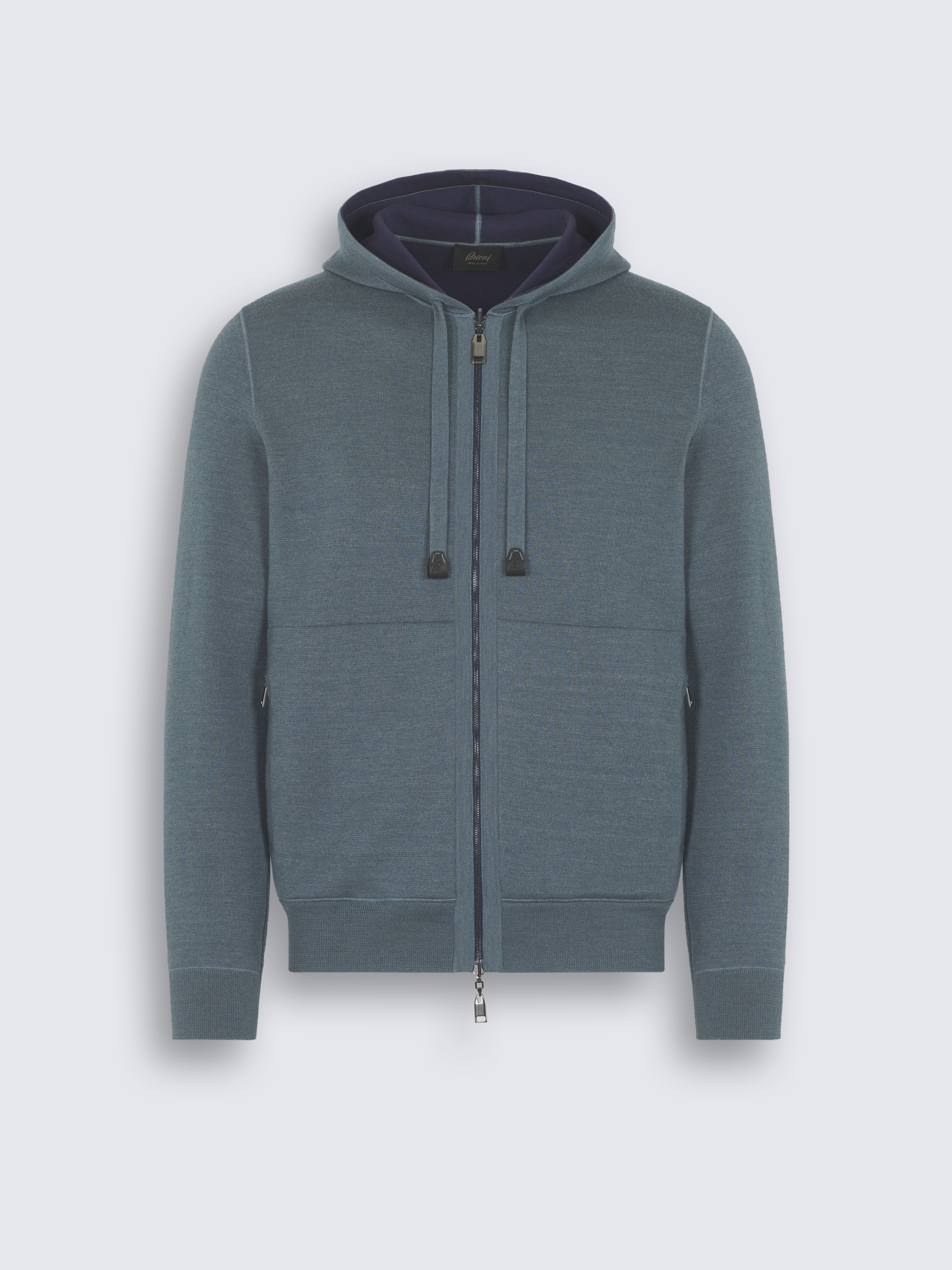 Petroleum blue cashmere, silk and cotton reversible hoodie