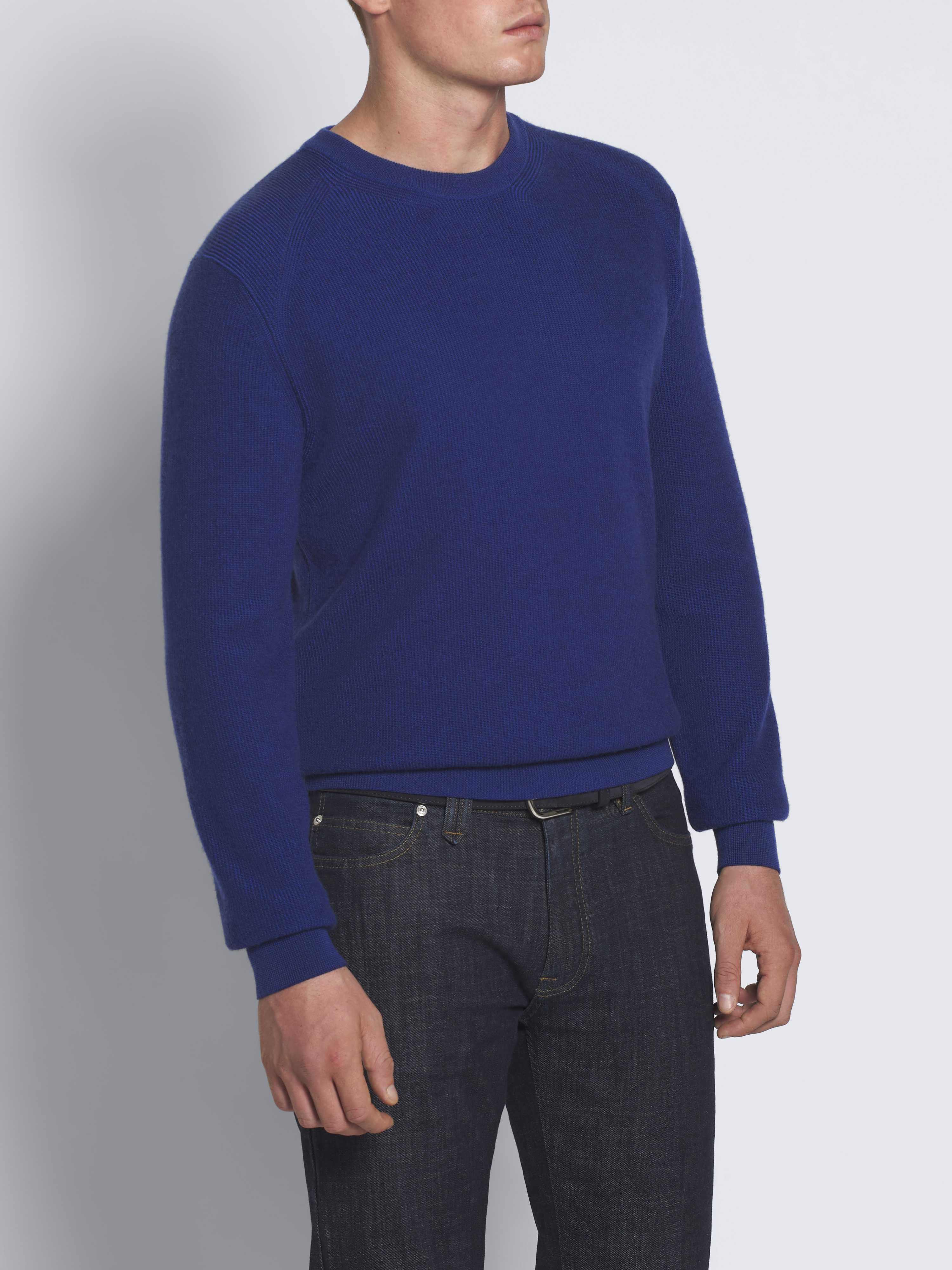 ロイヤルブルー & ネイビーブルー カシミア & ウール クルーネックセーター