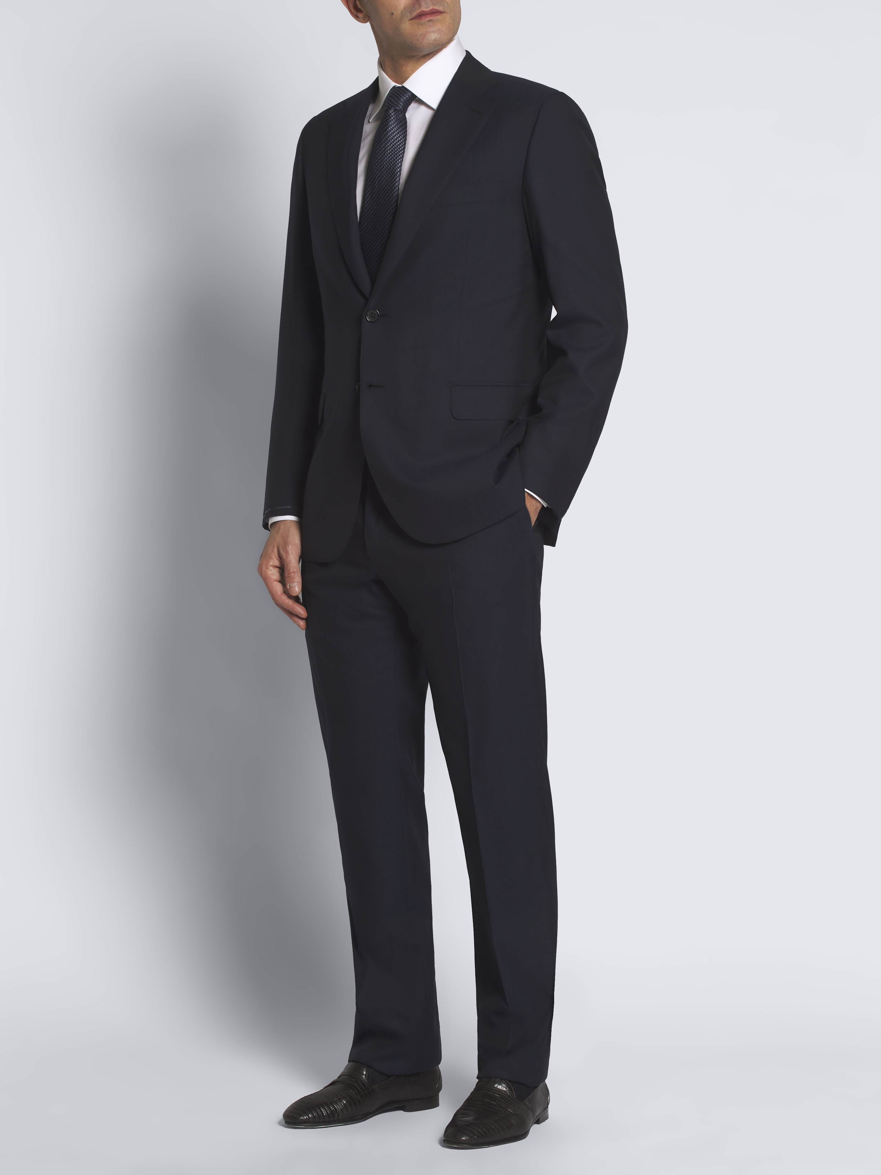 Navy blue pinstriped Super 210's wool Brunico suit