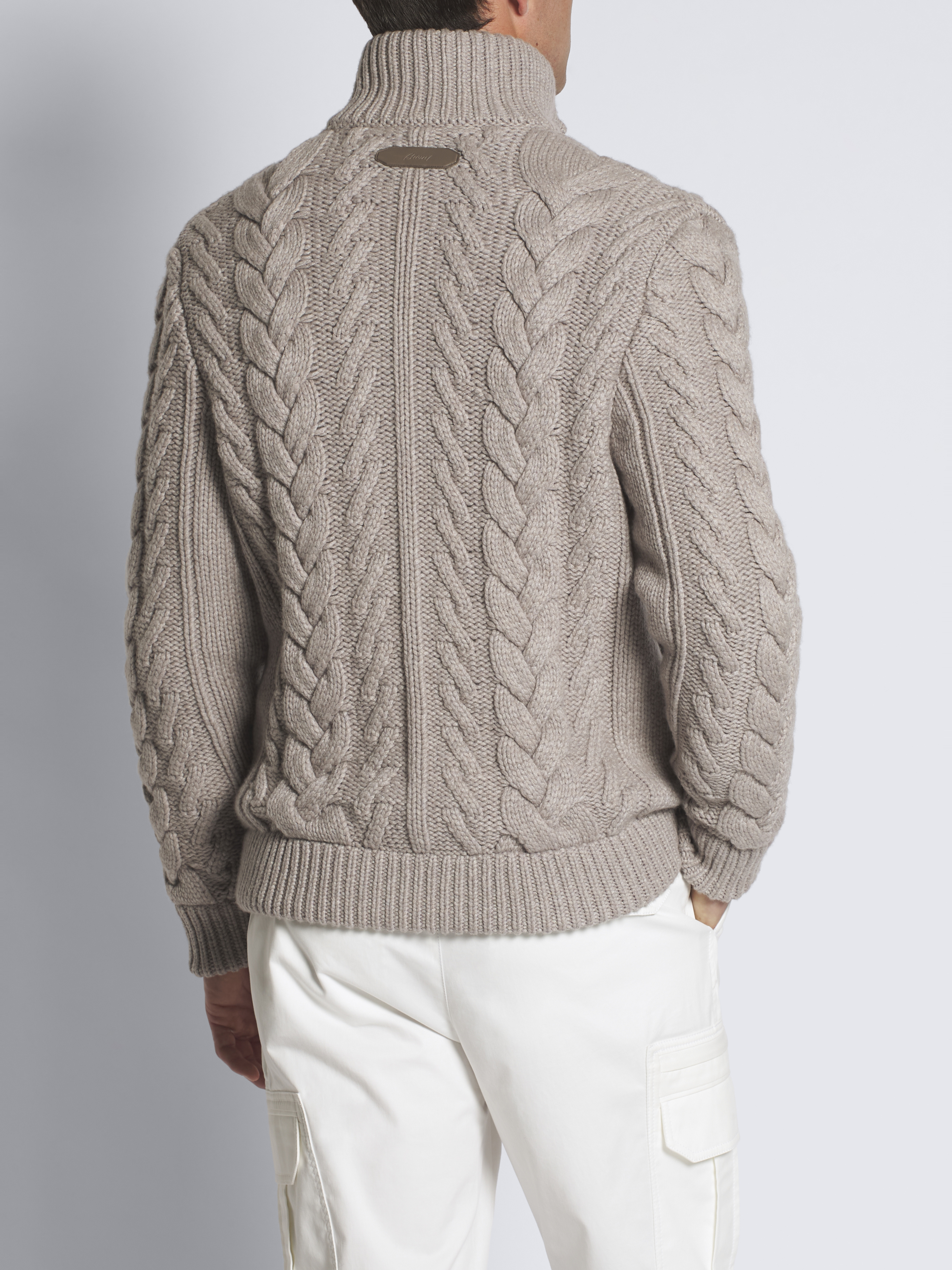 Taupe cashmere placed cable-knit full-zip sweater