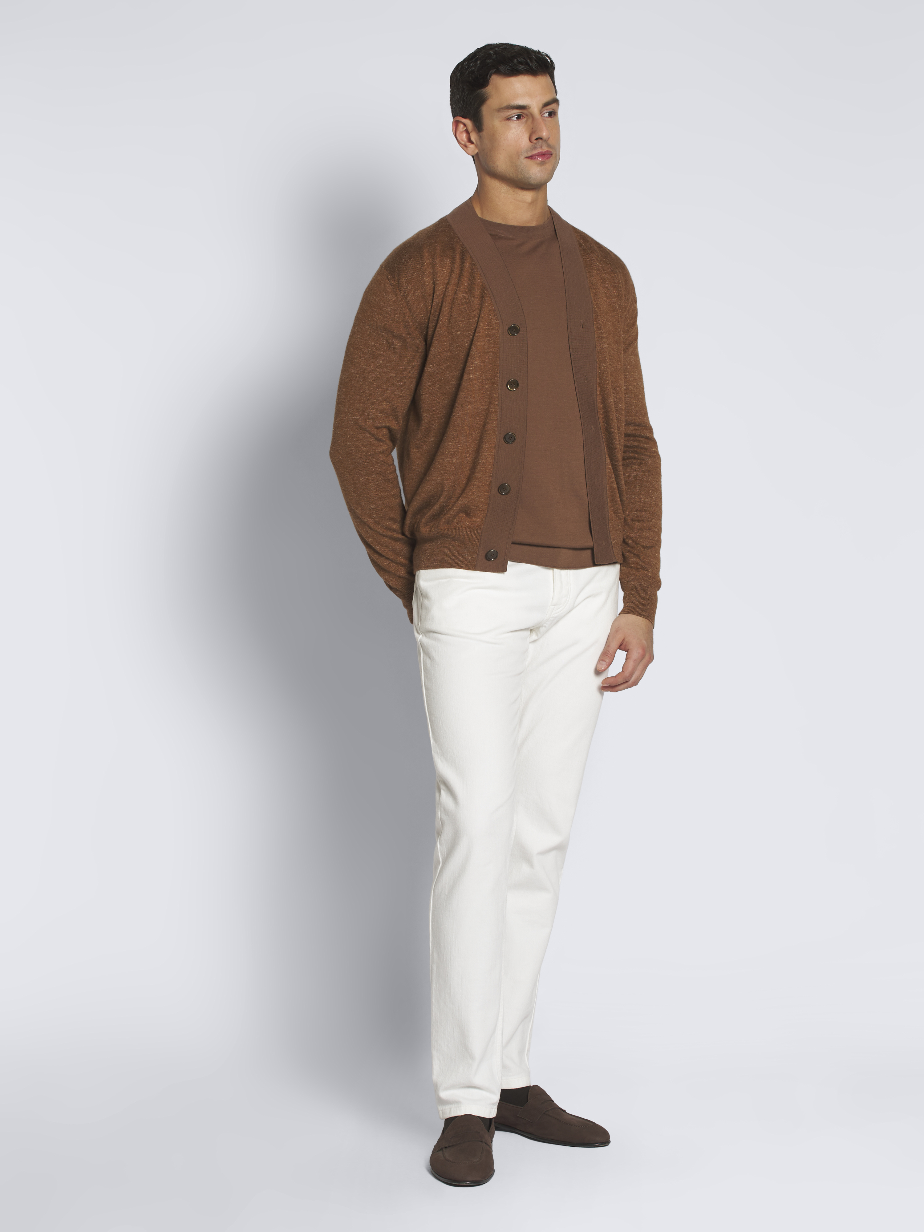 Burnt brown cashmere, wool, silk and hemp mouliné cardigan