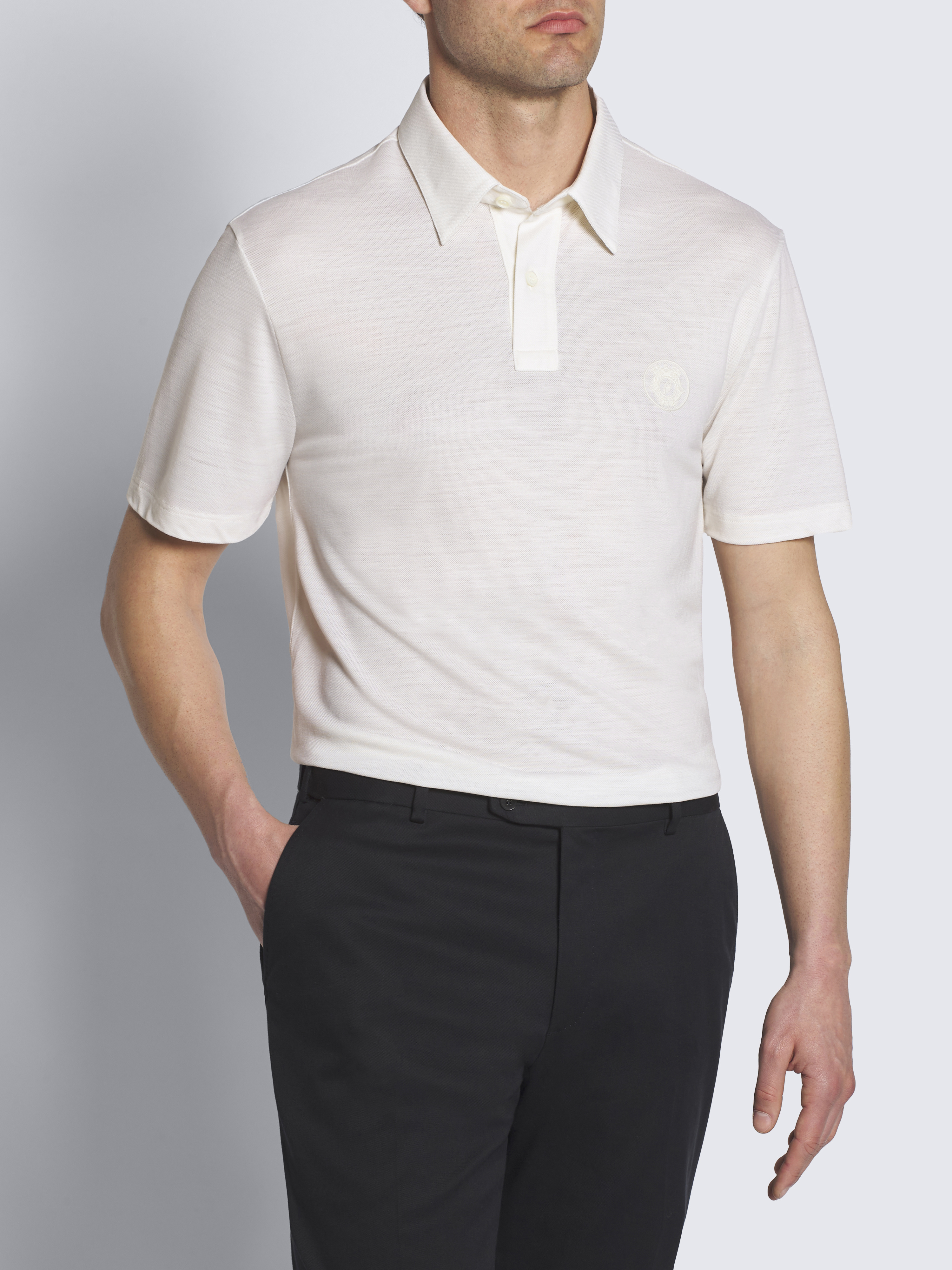 アイボリーホワイト テクニカルバージンウール ポロシャツ