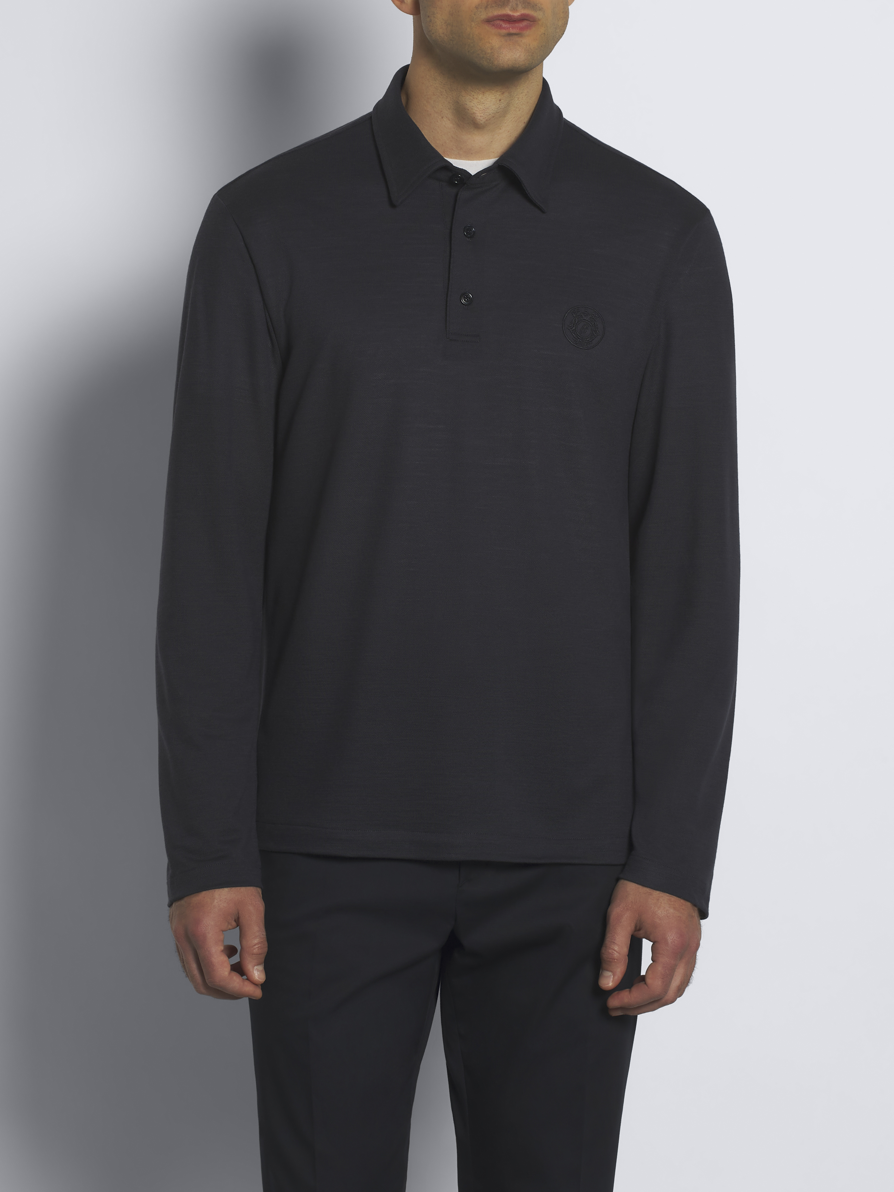 Navy blue technical wool long-sleeved polo