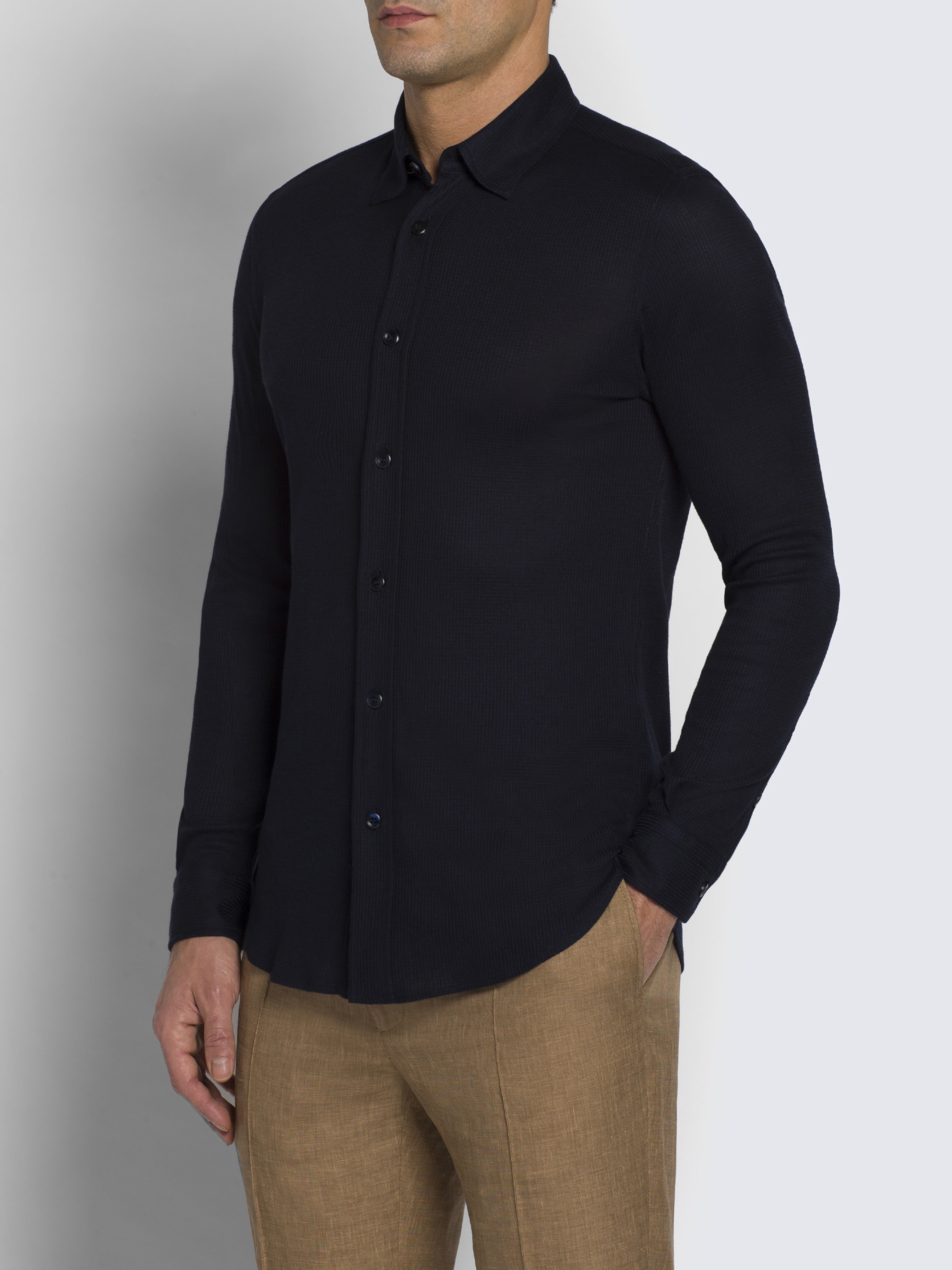 navy blue silk shirt