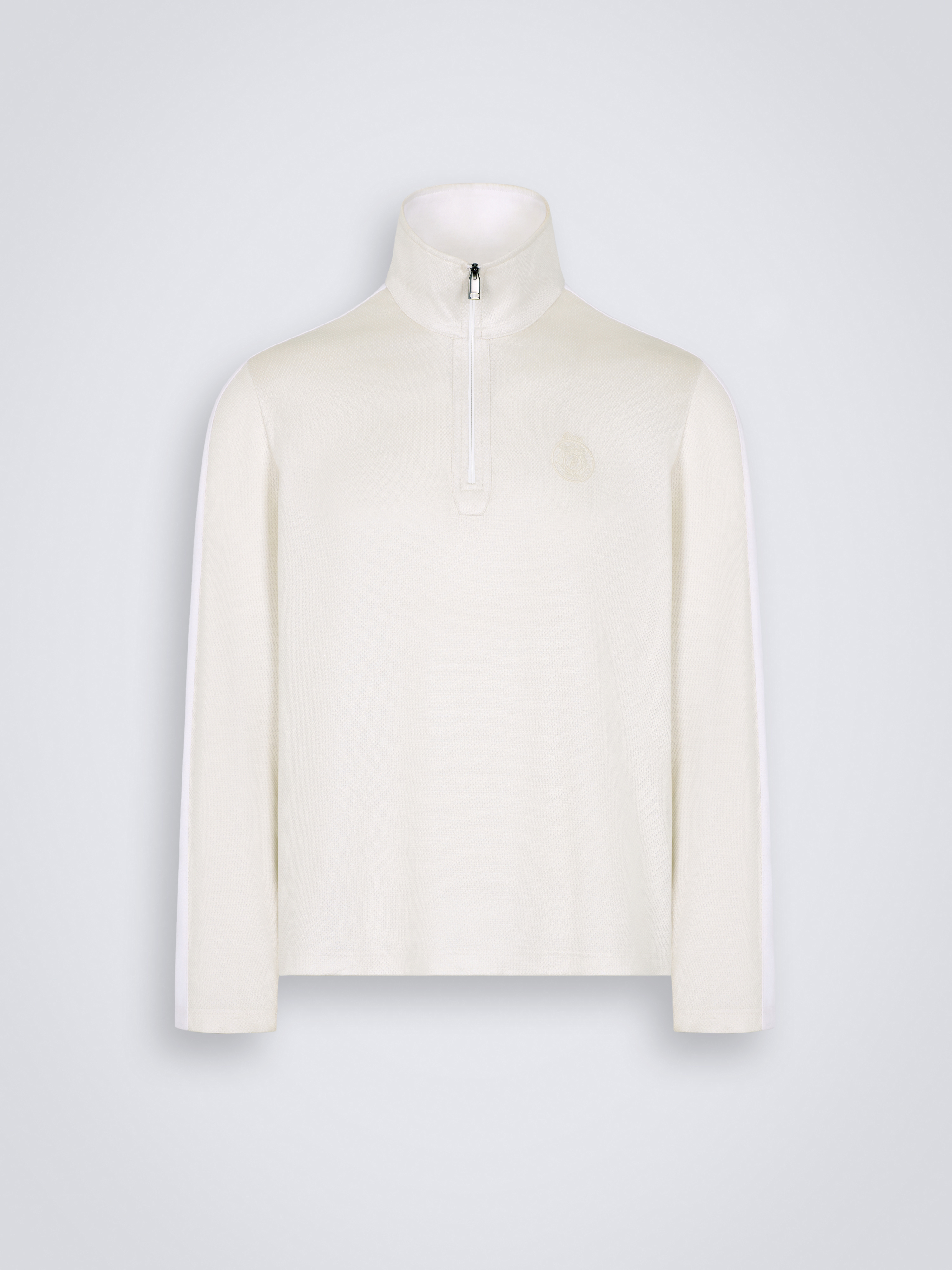 Ivory white silk and cotton jersey half-zip mockneck sweater