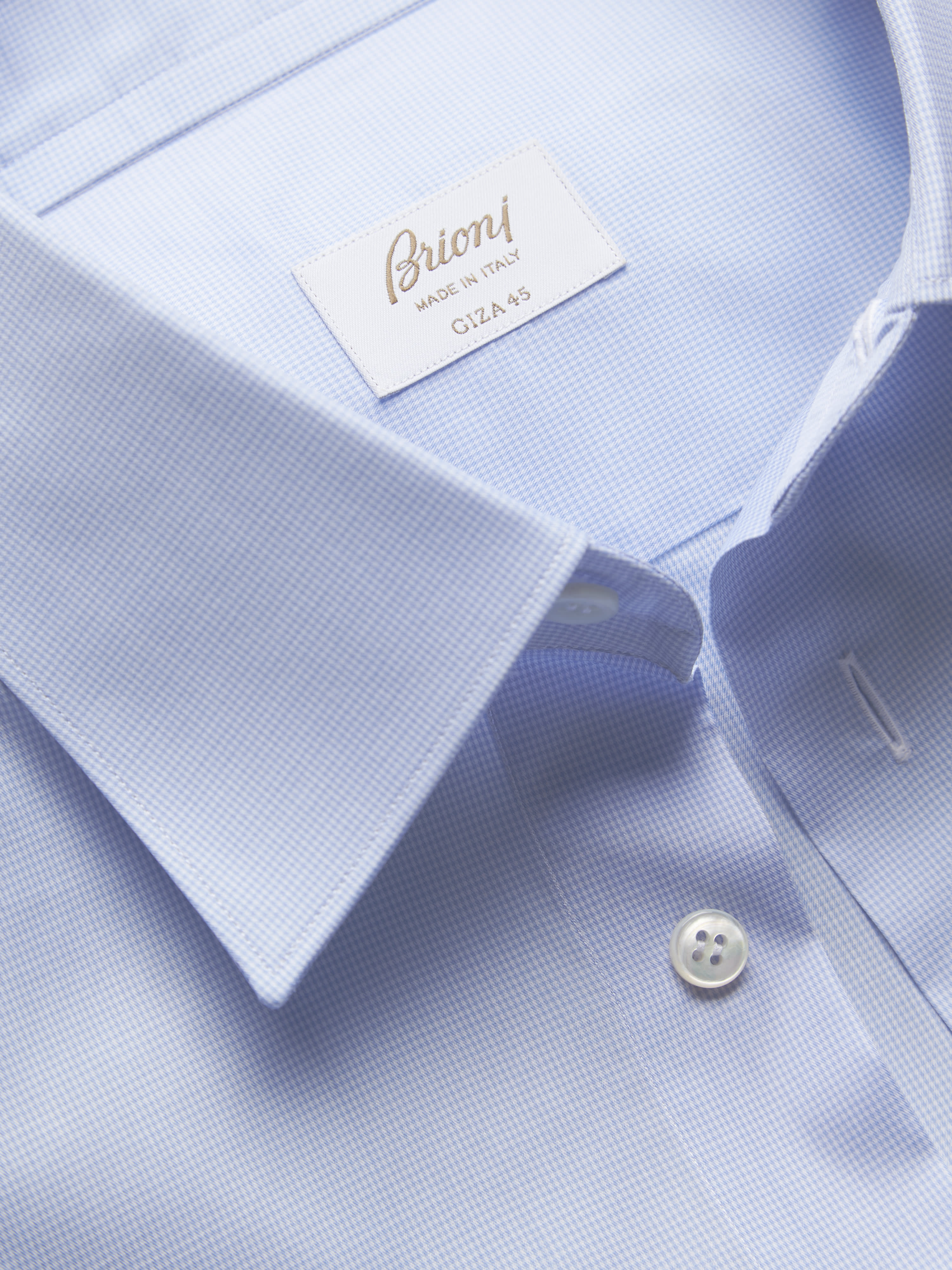 Sky blue and white micro pied-de-poule Giza 45 cotton shirt | Brioni ...