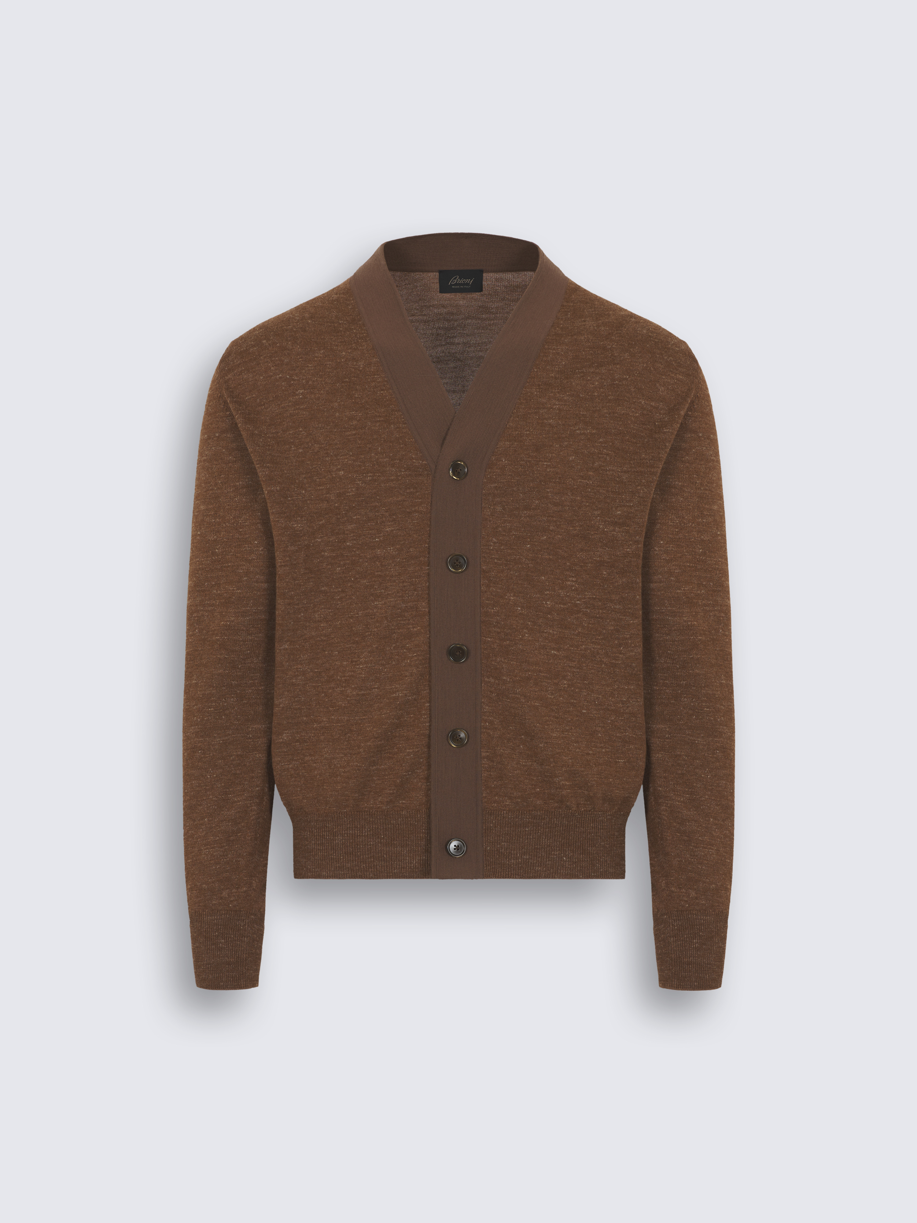 Burnt brown cashmere, wool, silk and hemp mouliné cardigan