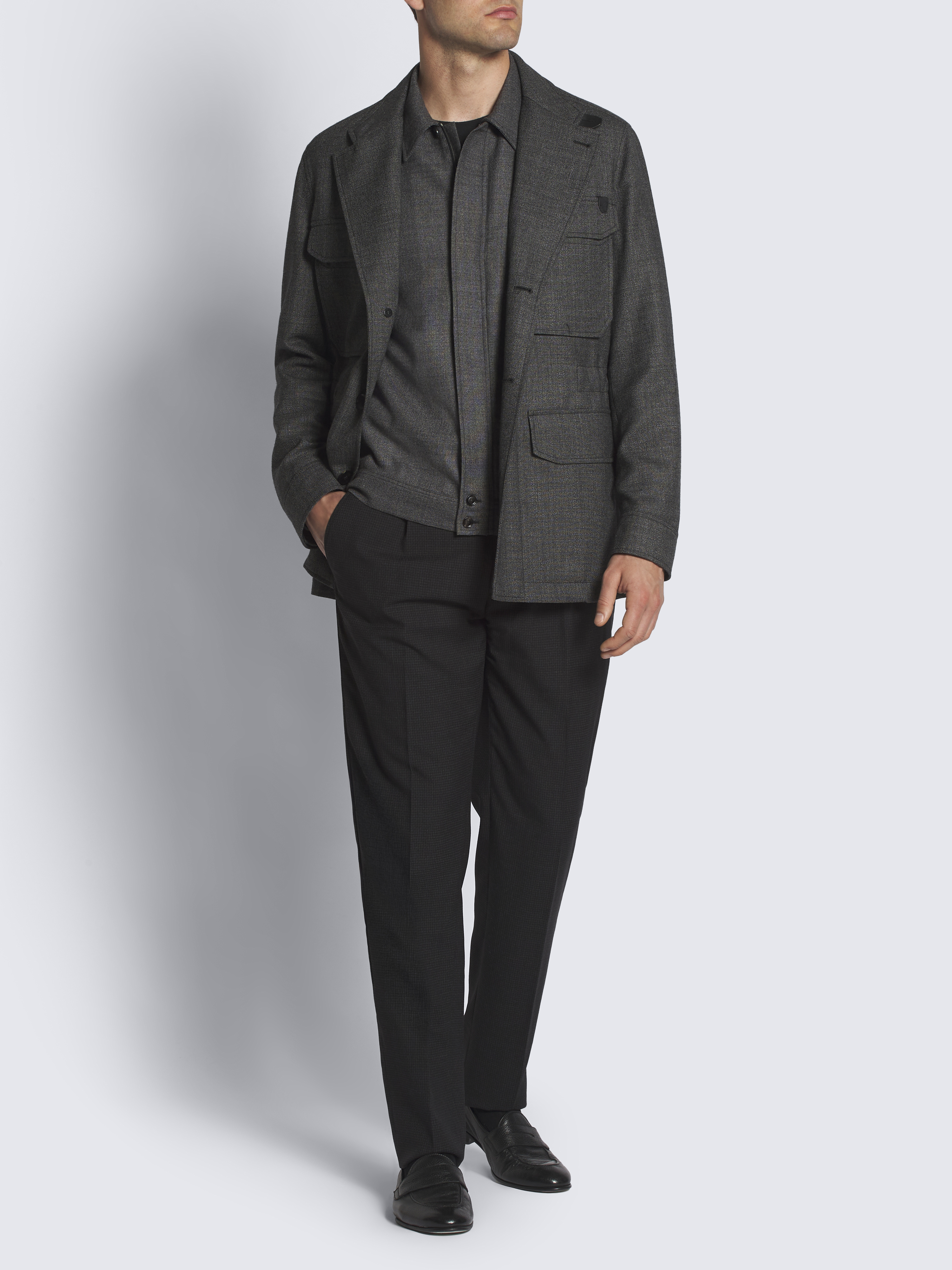 Dark grey herringbone wool shirt collar blouson