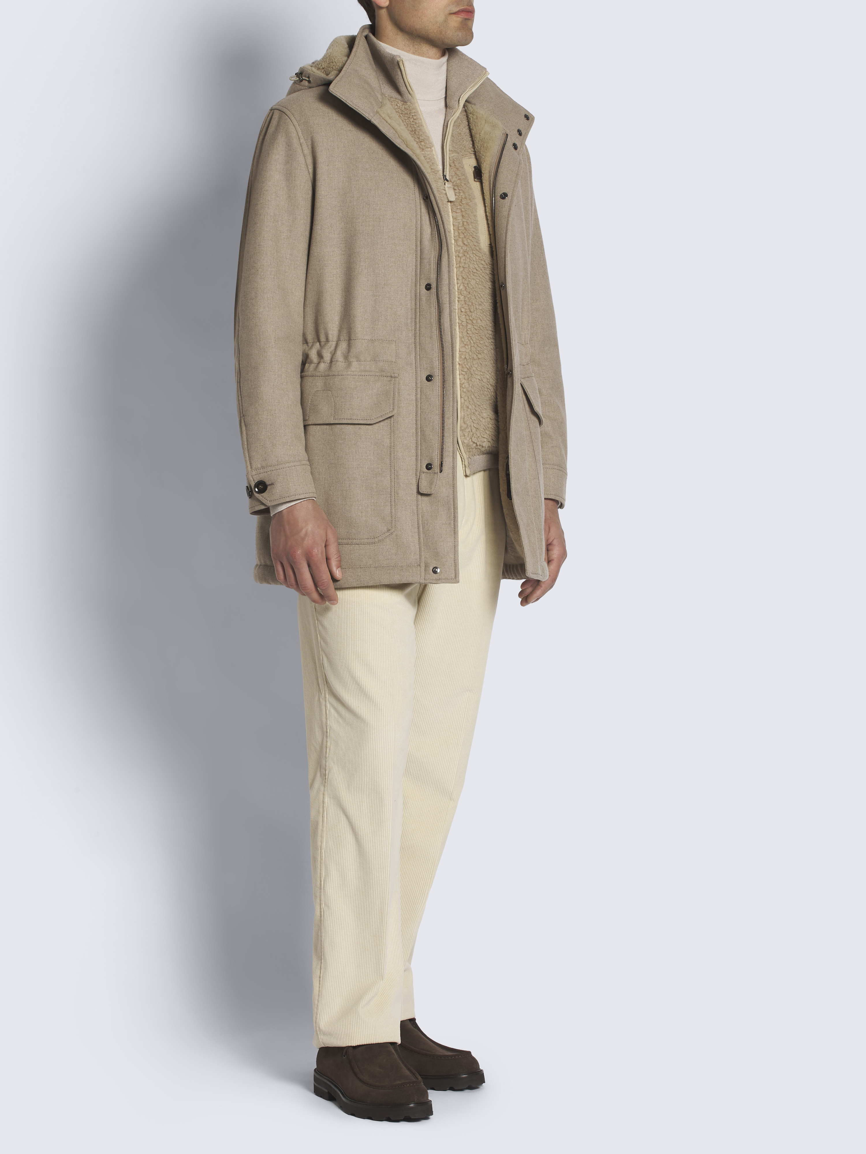 Taupe cashmere and wool flannel parka