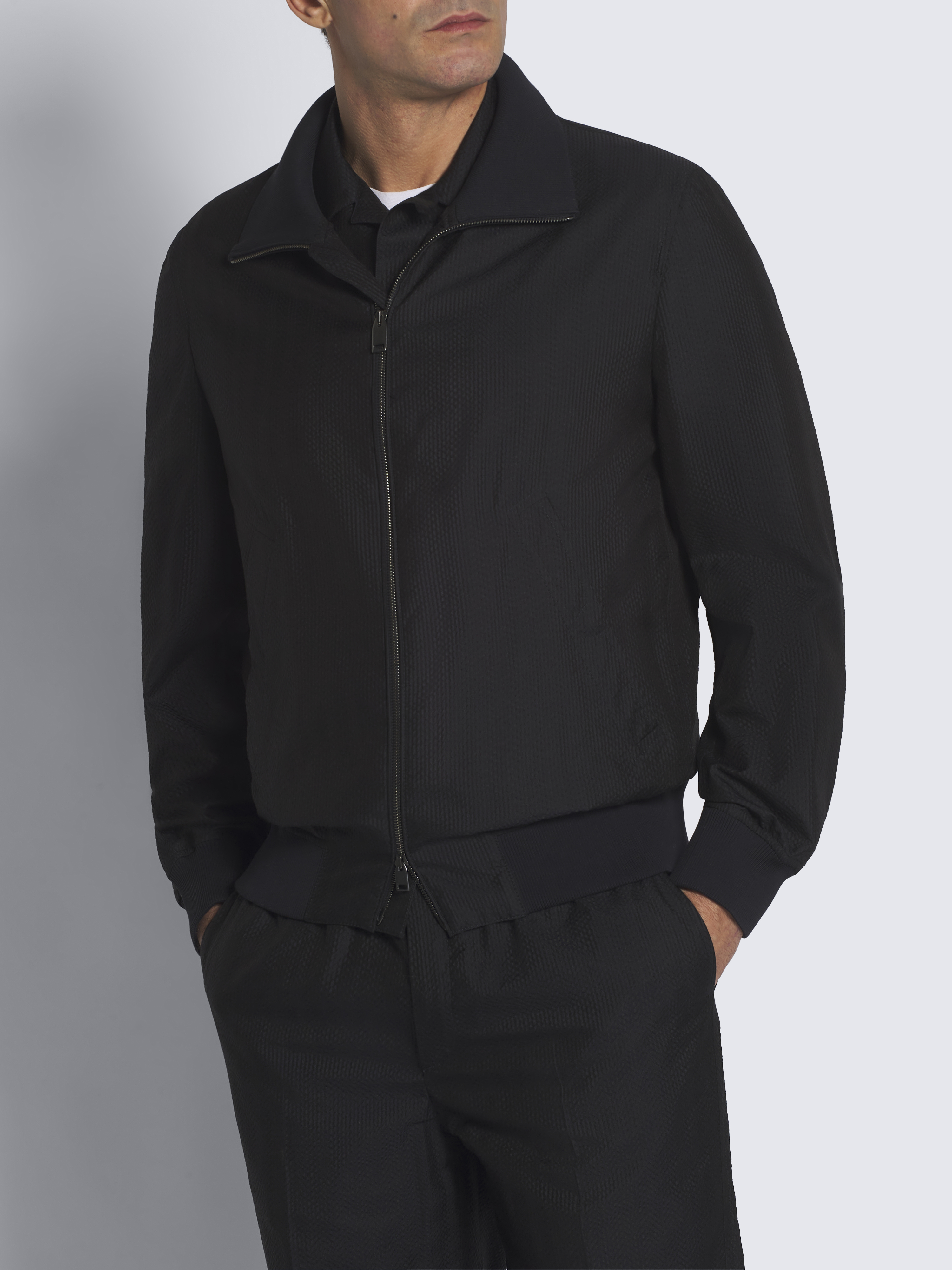 Navy blue silk seersucker blouson | Brioni® WW Official Store